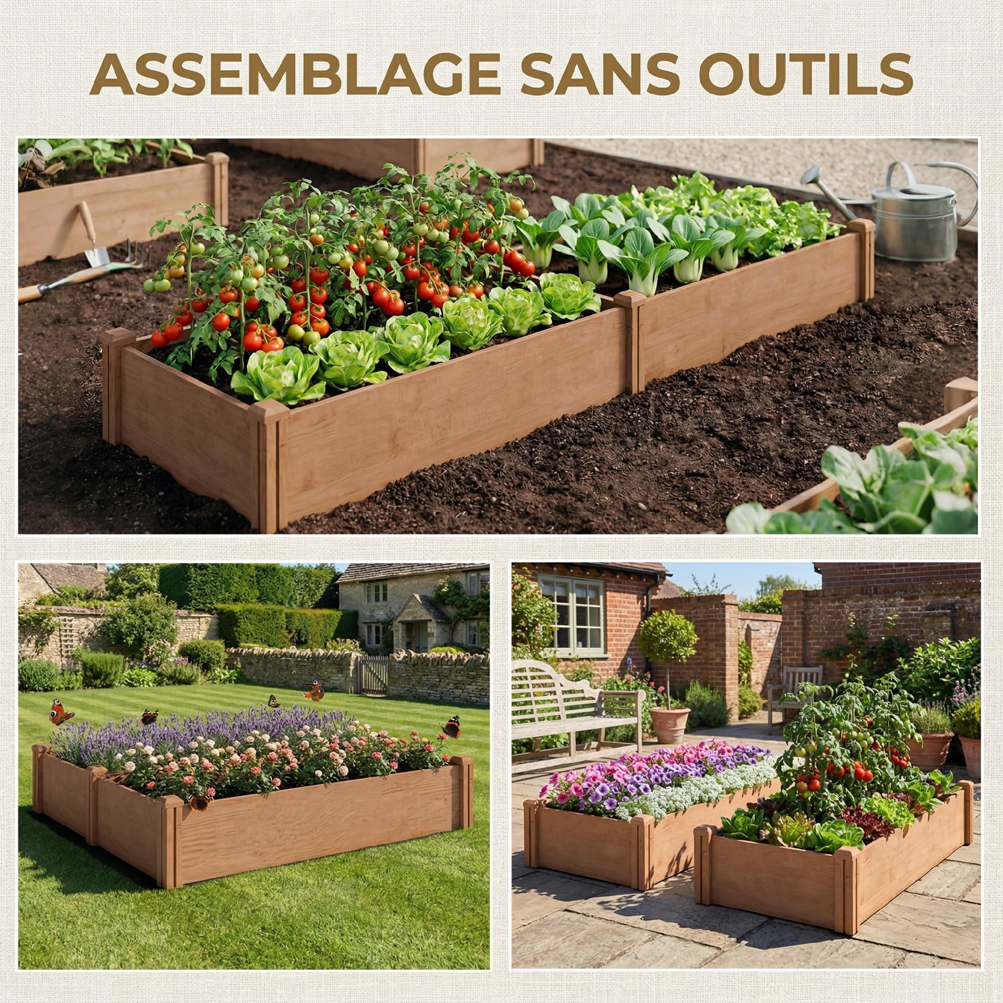 Outsunny Carré Potager en Bois 234x109x25 cm Lit de Jardin Surélevé 4 Zones de Culture Jardinière Extérieure à Fond Ouvert Montage sans Outil pour Légumes et Fleurs Marron Clair
