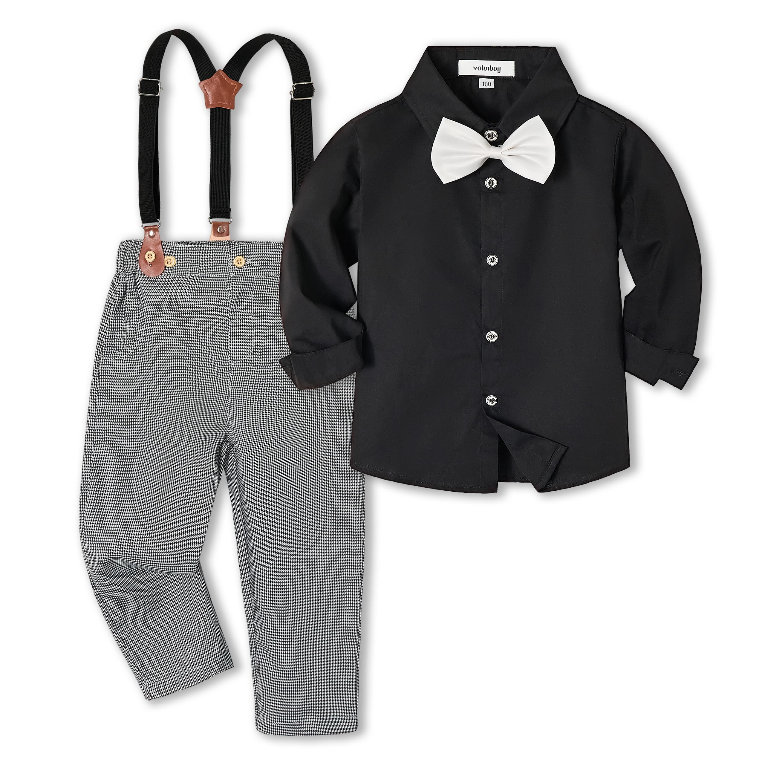 Volunboy Baby Boys Clothes Set Toddler Wedding Gentlemen Formal Suits Long Sleeve Bow Tie Shirts Suspenders Pants Outfits (Black, 4-5T)