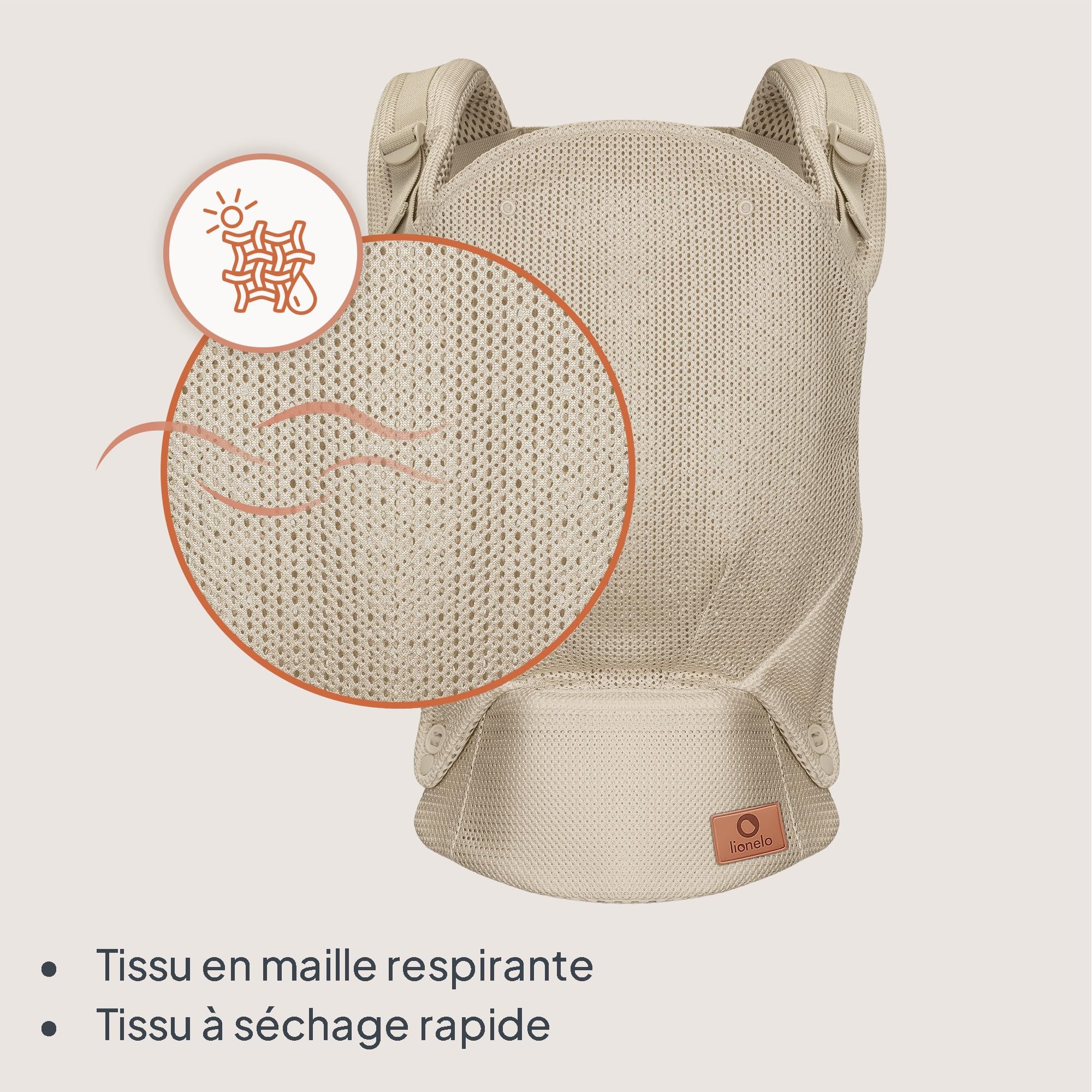 Lionelo Margareet Air Porte-Bébé Ergonomique, Respirant, dès 4 Mois, Beige | Jusqu’à 20 kg, 3 positions de portage, panneau évolutif, double sécurité, séchage rapide et capuche amovible