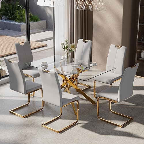 Miniatura 63 de Juego de mesa de comedor de 7 piezas para 6, mesa rectangular moderna de cristal con 6 sillas tapizadas de cuero, juegos de mesa y sillas de comedor