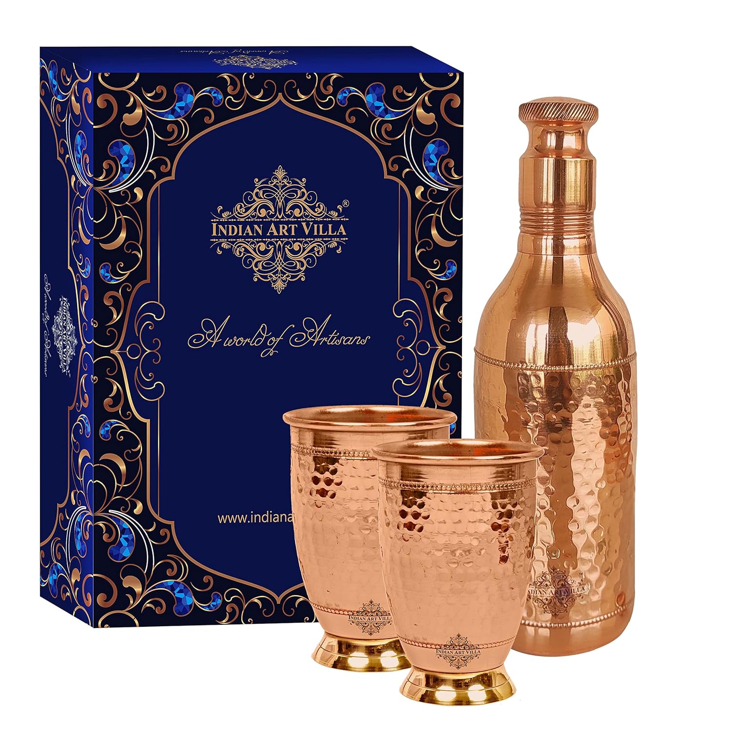 Indian Art Villa Pure Copper Drinkware Gift Set of Cocktail Design 1 Bottle 2 Glass With Royal Blue