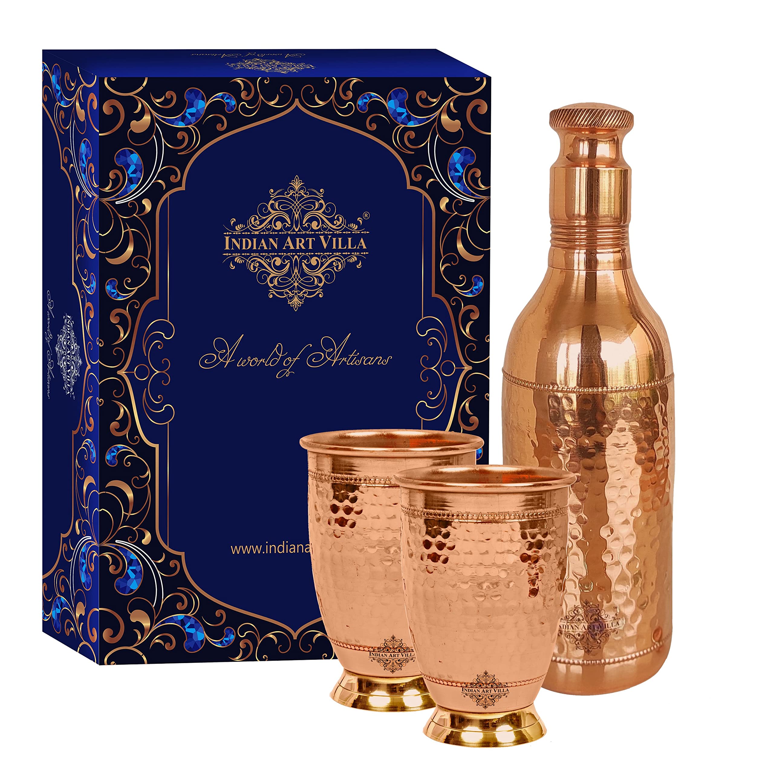 Indian Art Villa Pure Copper Drinkware Gift Set of Cocktail Design 1 Bottle 2 Glass With Royal Blue