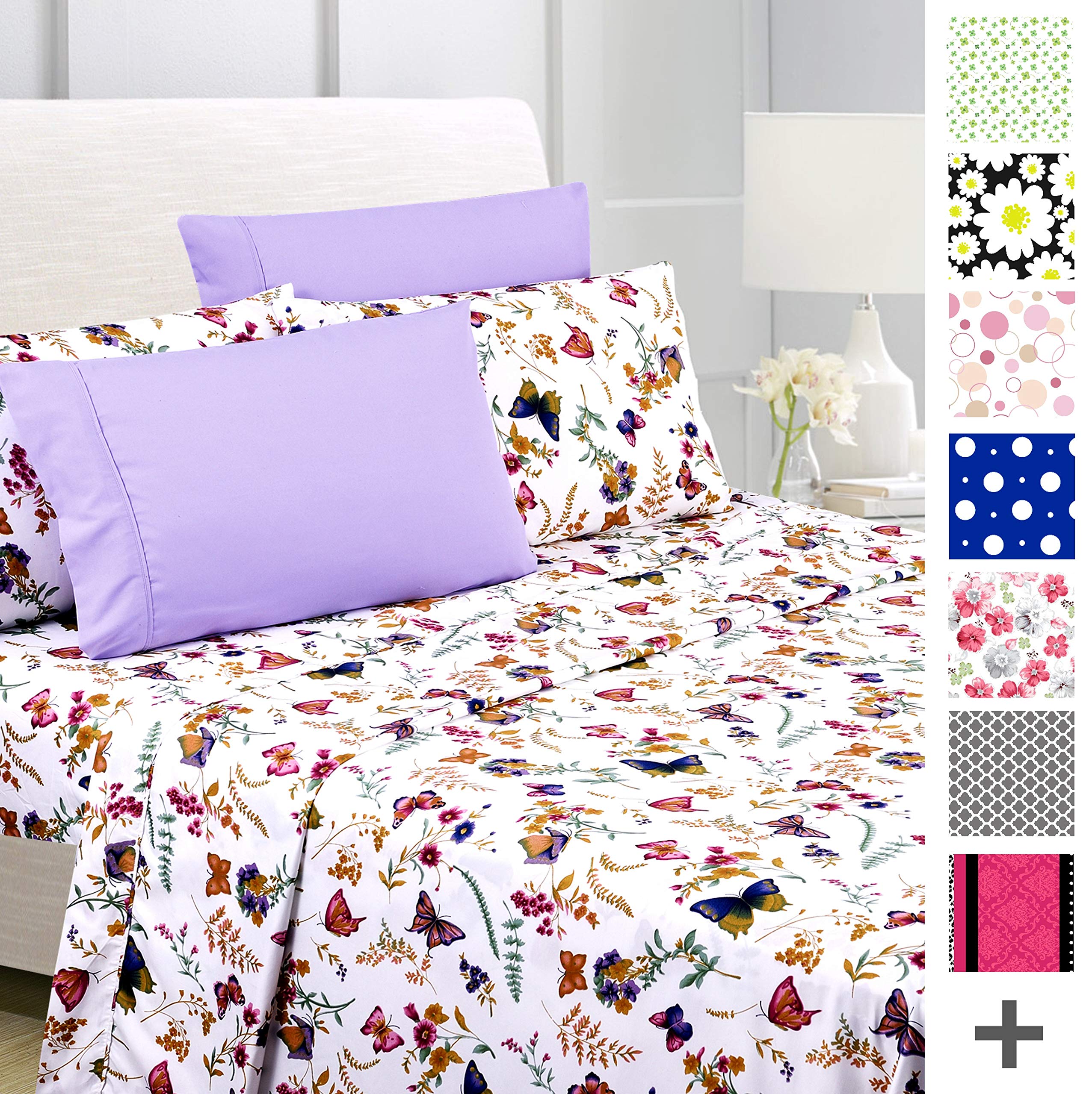 American Home Collection6 Piece Bed Sheet Set Super Soft Brushed Microfiber - 14" Deep Pocket - Wrinkle Resistant - Hypoallergenic (Full, Purple Butterfly)