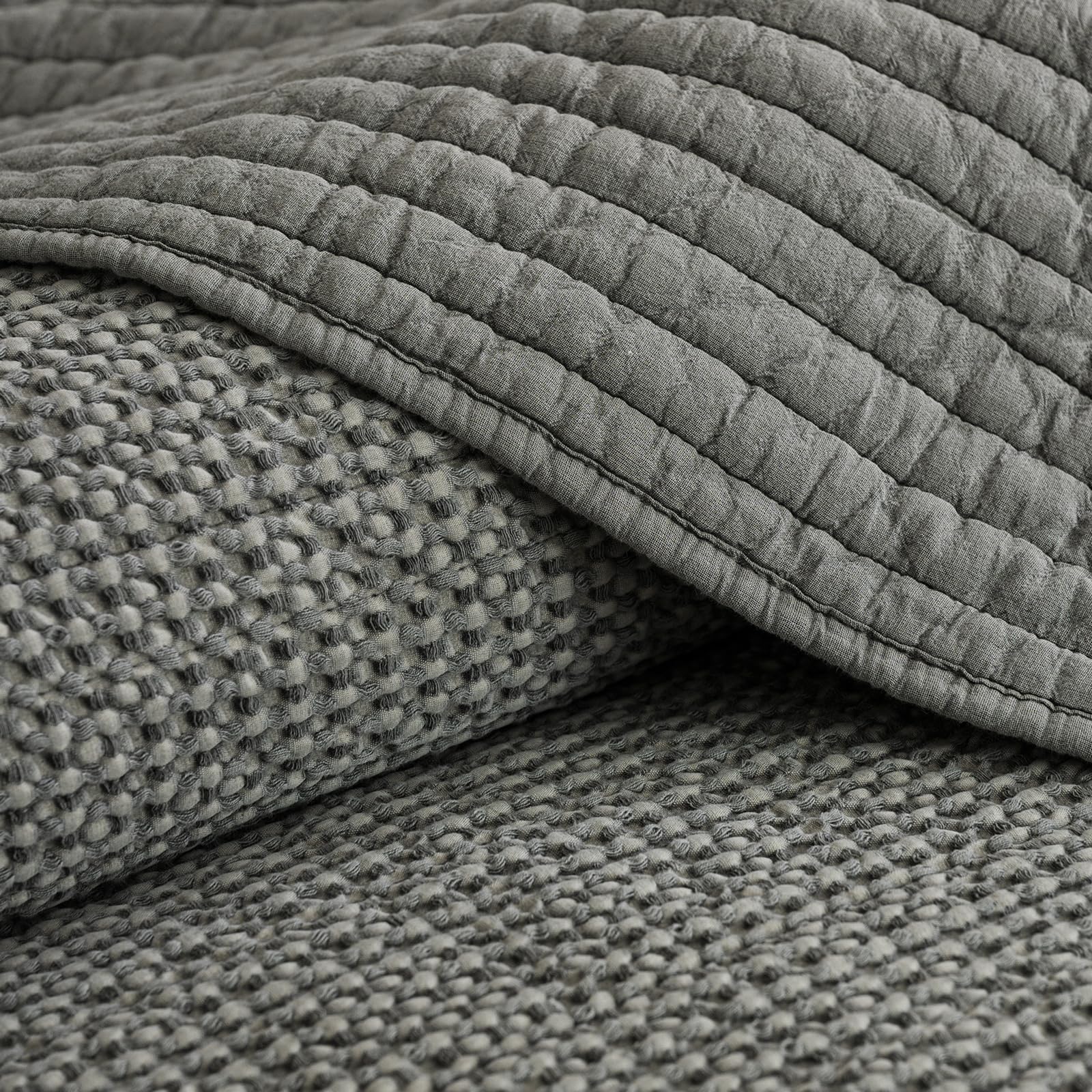 phf stone-washed 100% cotton waffle quilt set king size (106"x90") - 3pc lightweight striped channel quilted bedspread for all season, soft vintage coverlet for home decor, natural undyed