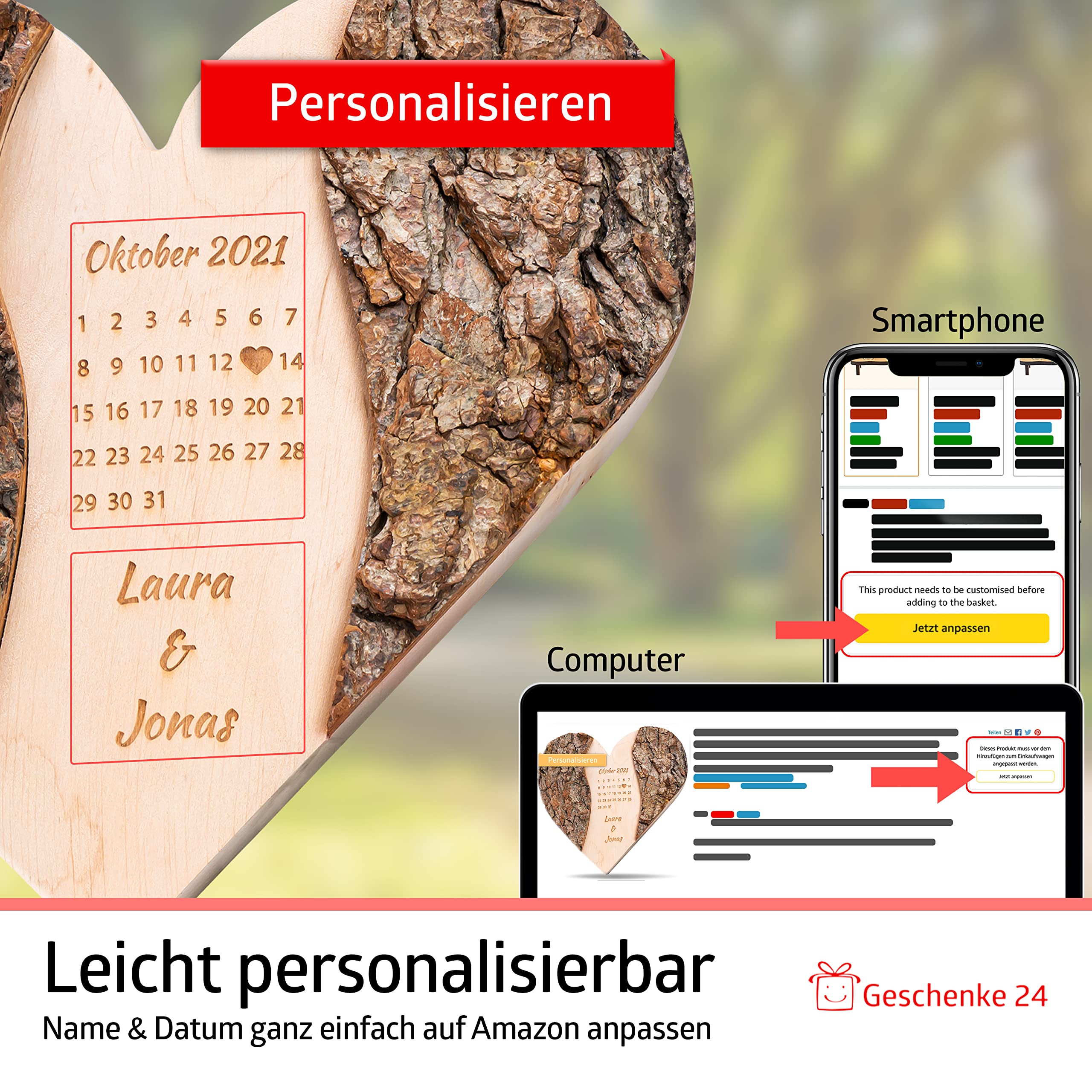 Holz Herz mit Gravur | Personalisiert mit Wunschdatum und Namen | Schönster Tag | Hochzeitsgeschenke für Brautpaar | Geschenk zum Jahrestag für ihn | Besondere Geschenkidee zum Hochzeitstag