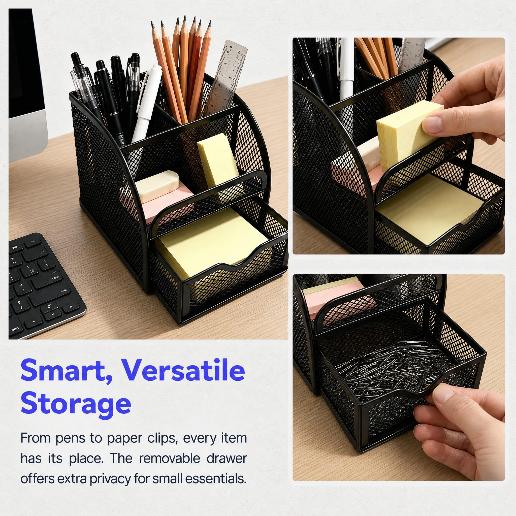 Schreibtisch Organizer Schreibtischorganizer Schwarz Stifte Tisch Organizer Metallgitter Stiftehalter mit 4 Fächern & Schublade stiftebox Mesh Metall Desktop für Büro Zubehör Zuhause Schule