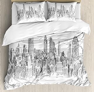 Ambesonne New York Duvet Cover Set, Hand Drawn NYC Cityscape Tourism Travel Industrial Center Town Modern City Design, Decorative 3 Piece Bedding Set with 2 Pillow Shams, King Size, Black White
