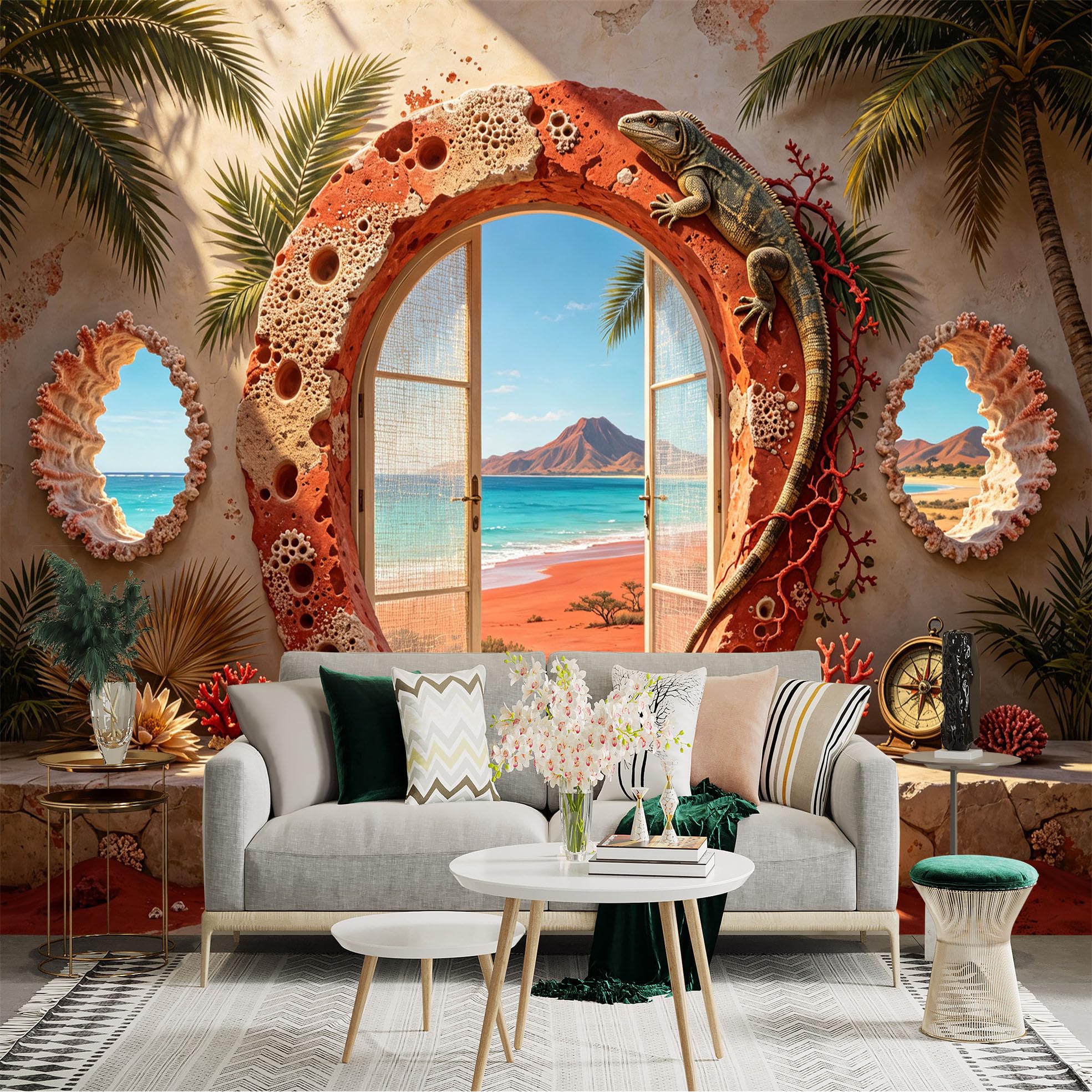 Custom Size Wall Sticker Mural， Tropical Beach Archway with Coral and Lizard， for wall Decoration， peelandstick wall Decals.