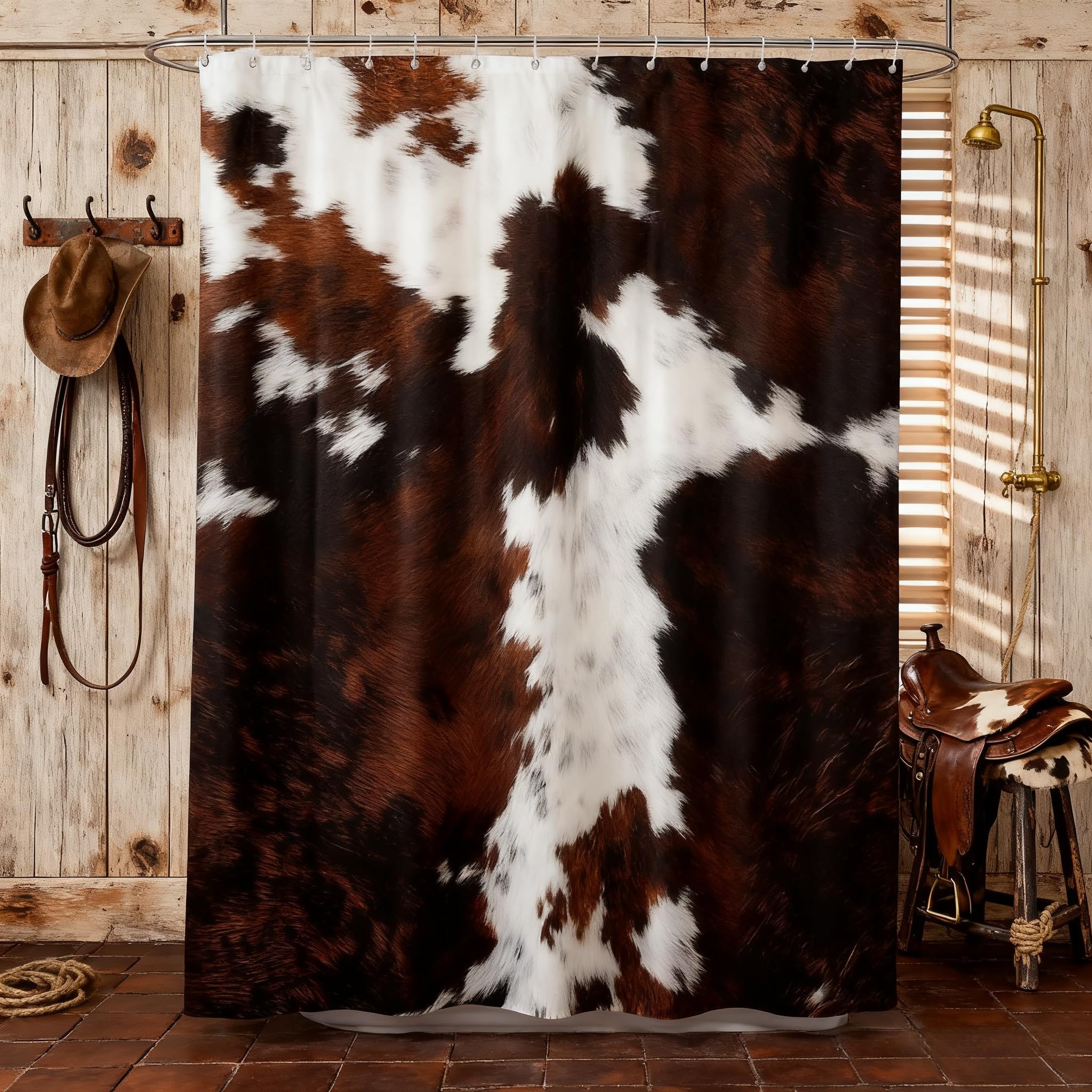 Farmhouse Cowhide Print Bath Curtain for Bathroom Decor,Abstract Maroon and White Cow Fur Pattern Waterproof Shower Curtains with 12 Holes,Animal