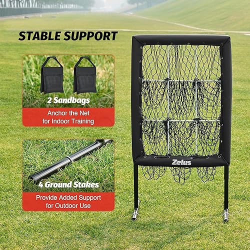Miniatura 5 de ZELUS Red de lanzamiento de 9 agujeros Plus, red de béisbol con zona de ataque auténtica para uso en exteriores e interiores, red de entrenamiento