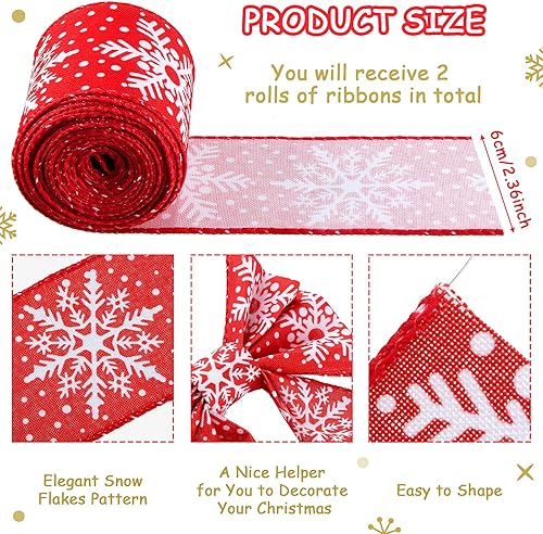 Miniatura 2 de 2 rollos de cinta de Navidad con borde de copo de nieve con alambre, cinta de tela con borde de alambre, cinta decorativa de poliéster para