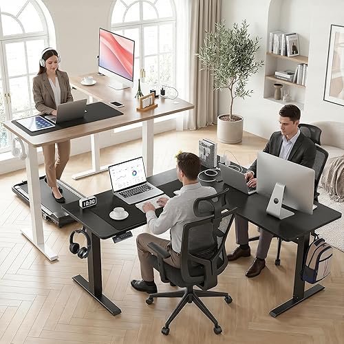 Miniatura 2 de farexon Escritorio de pie en forma de L de 63 x 55 pulgadas con tomacorrientes, escritorio eléctrico de altura ajustable, escritorio de pie en