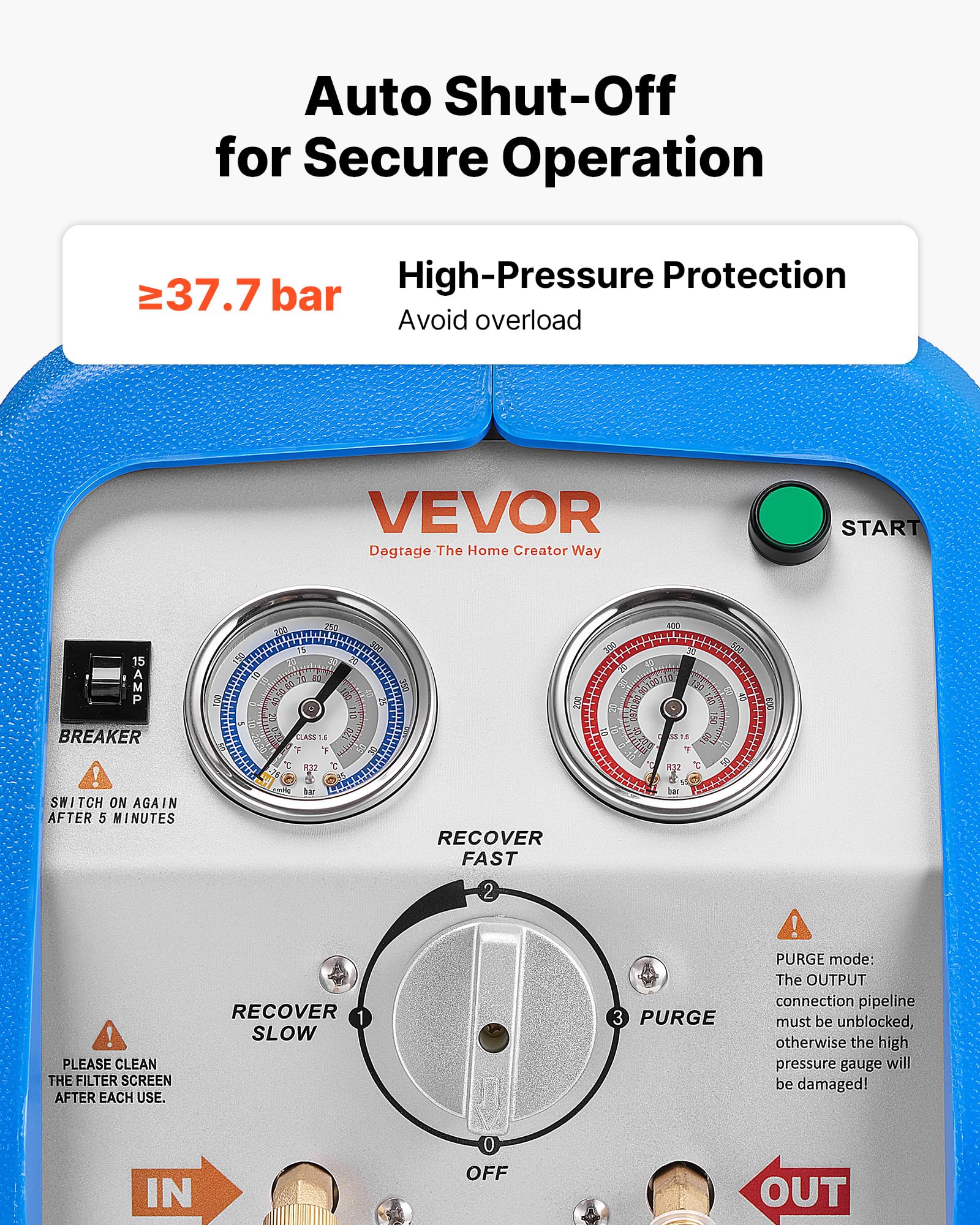 VEVOR Máquina Portátil de Recuperación de Refrigerante 1 HP, Máquina de Recuperación con Protección de Alta Presión 3,5 kg/min Velocidad de 1450 RPM, Cilindro Doble, para Sistemas de Climatización