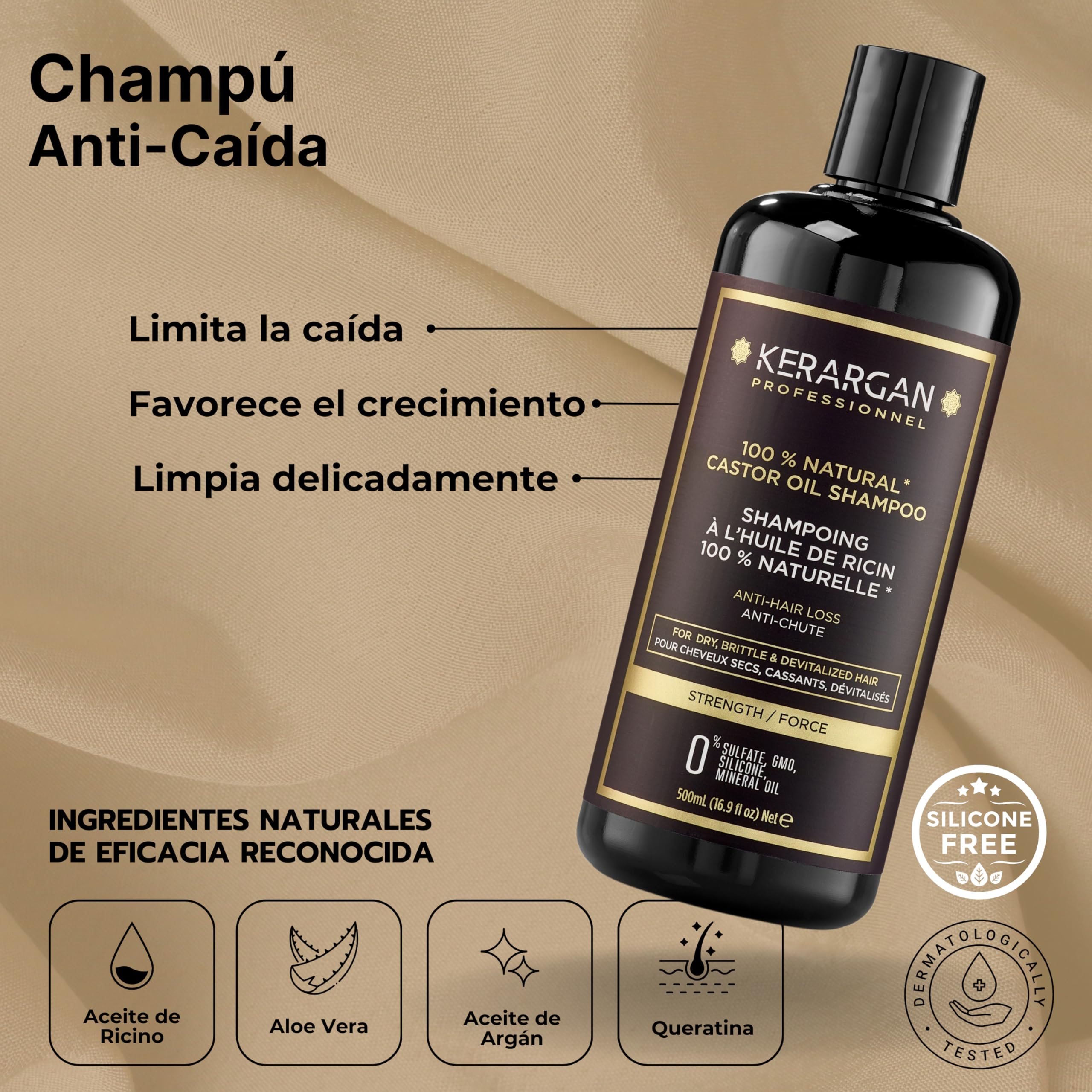 Kerargan - Shampoing, Après-Shampoing, Masque et Sérum à l’huile de Ricin, d’argan et camomille, Stimule la pousse de vos cheveux et réduit leurs chutes - Sans sulfate, paraben et silicone - 2x500 ml | Champú, acondicionador, mascarilla y sérum, rutina pa