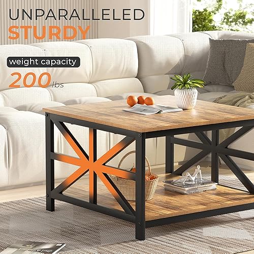 Miniatura 48 de GreenForest Mesa auxiliar con esquina redonda, mesa central de granja con estante de almacenamiento de 2 niveles, diseño de marco en X para sala de