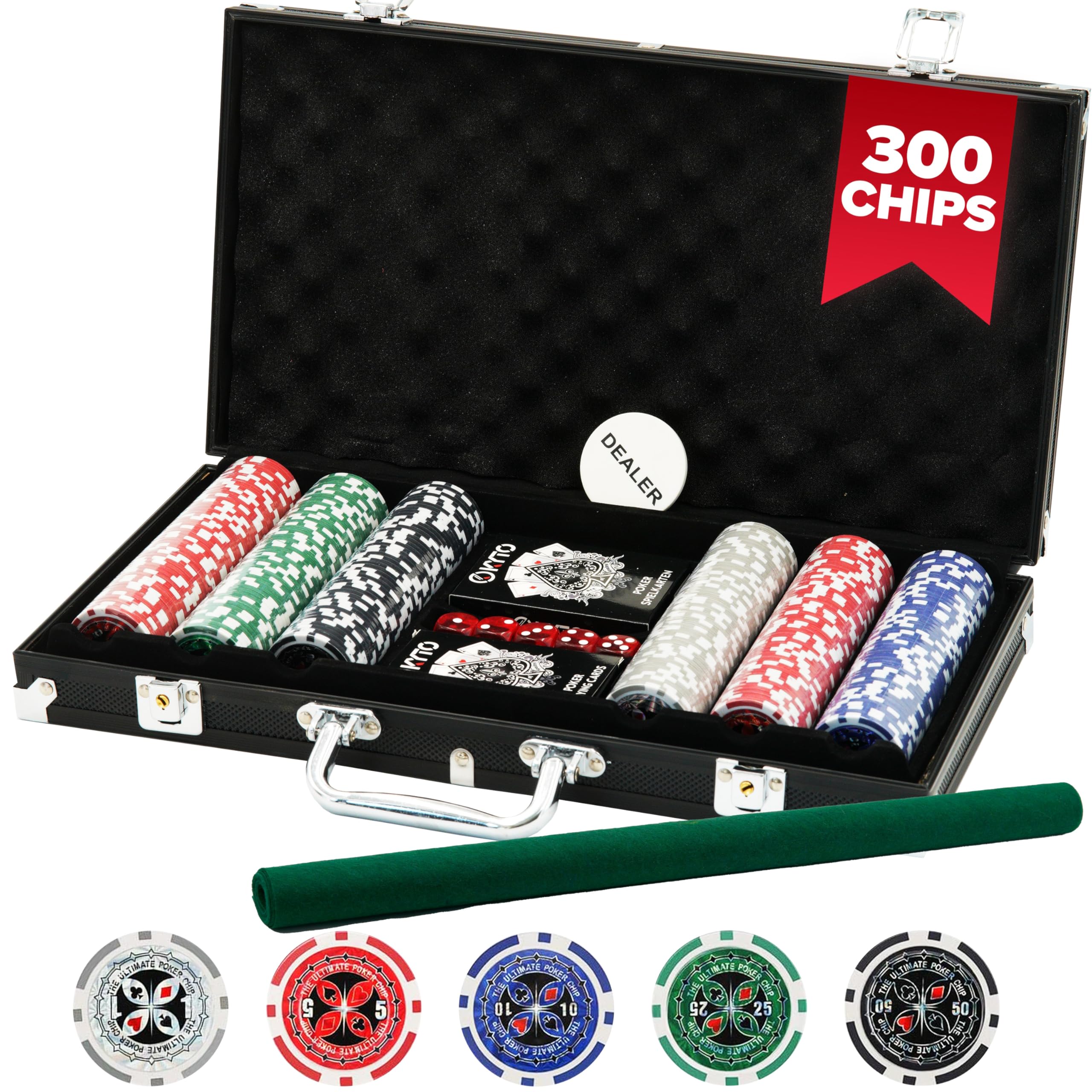 Kyto Poker Set 300 Pieces - Ideal Texas Hold Em Set - With Case, Poker Chips and Poker Game Cards - Perfect for Professionals, Beginners and Tournament Poker Table