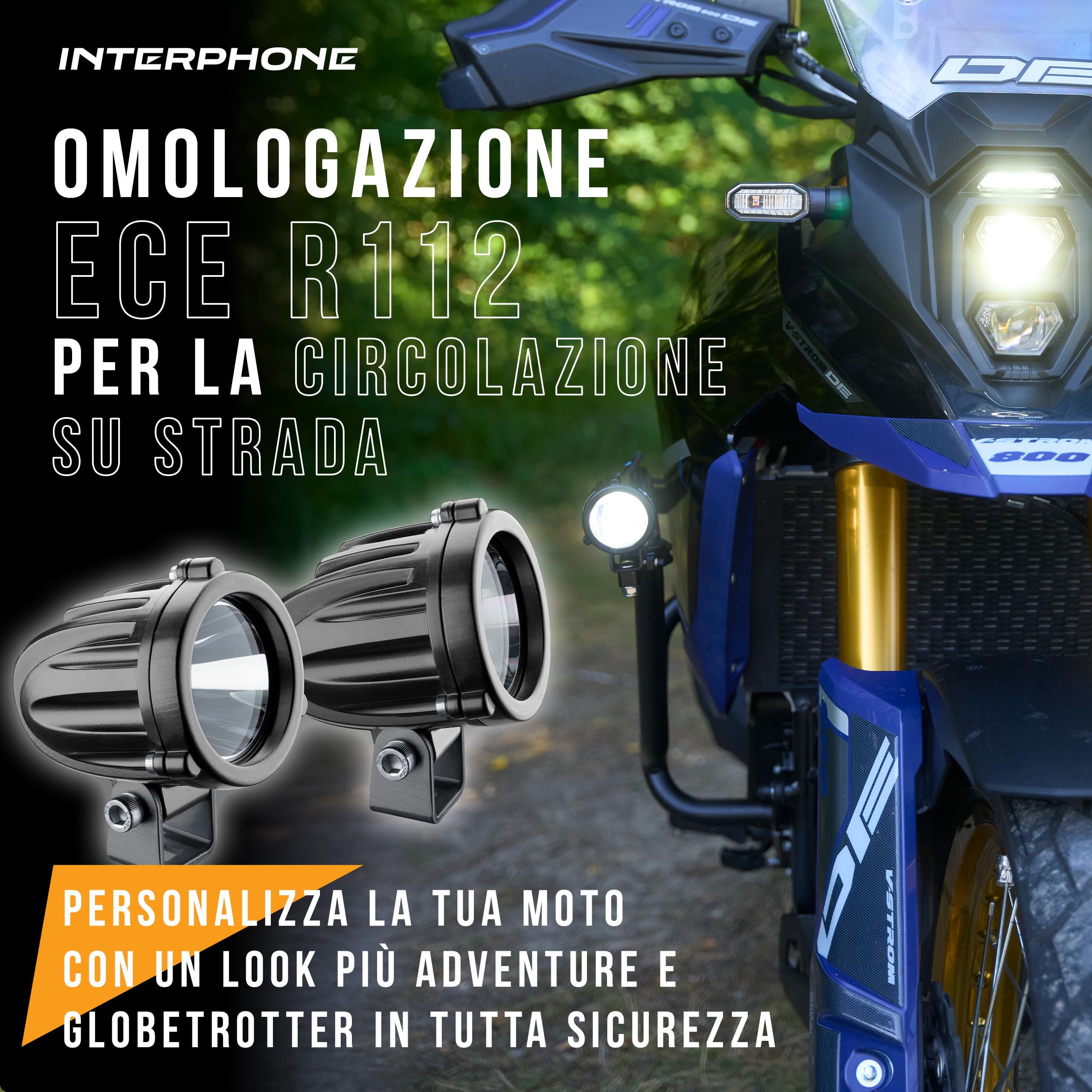 INTERPHONE Coppia Faretti LED Anteriori da Moto, Kit con 2 faretti moto ausiliari con omologazioni stradale ECE R112, Luci moto con potenza 10W, flusso luminoso 990 Lumen e pattern fascio luce SPOT