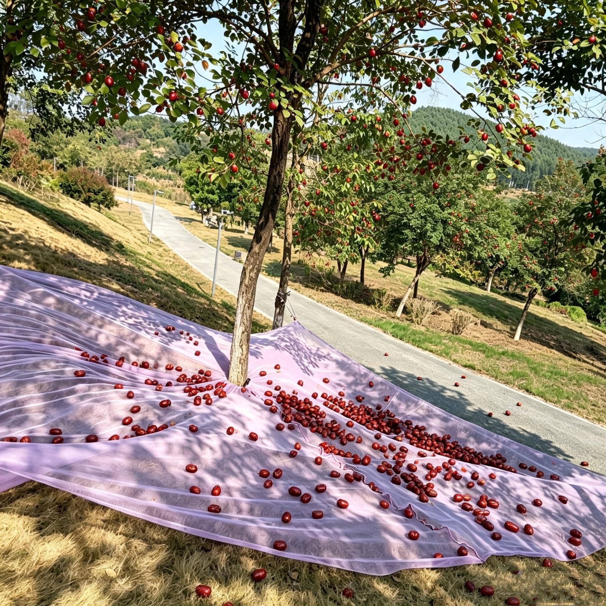 Red para Cosecha de Frutas, Lona para Recoger Hojas | Abertura central y correas de 80 cm de largo. Red reutilizable para jardín, para olivos nogales castaños (4x4,3m)(Purple)