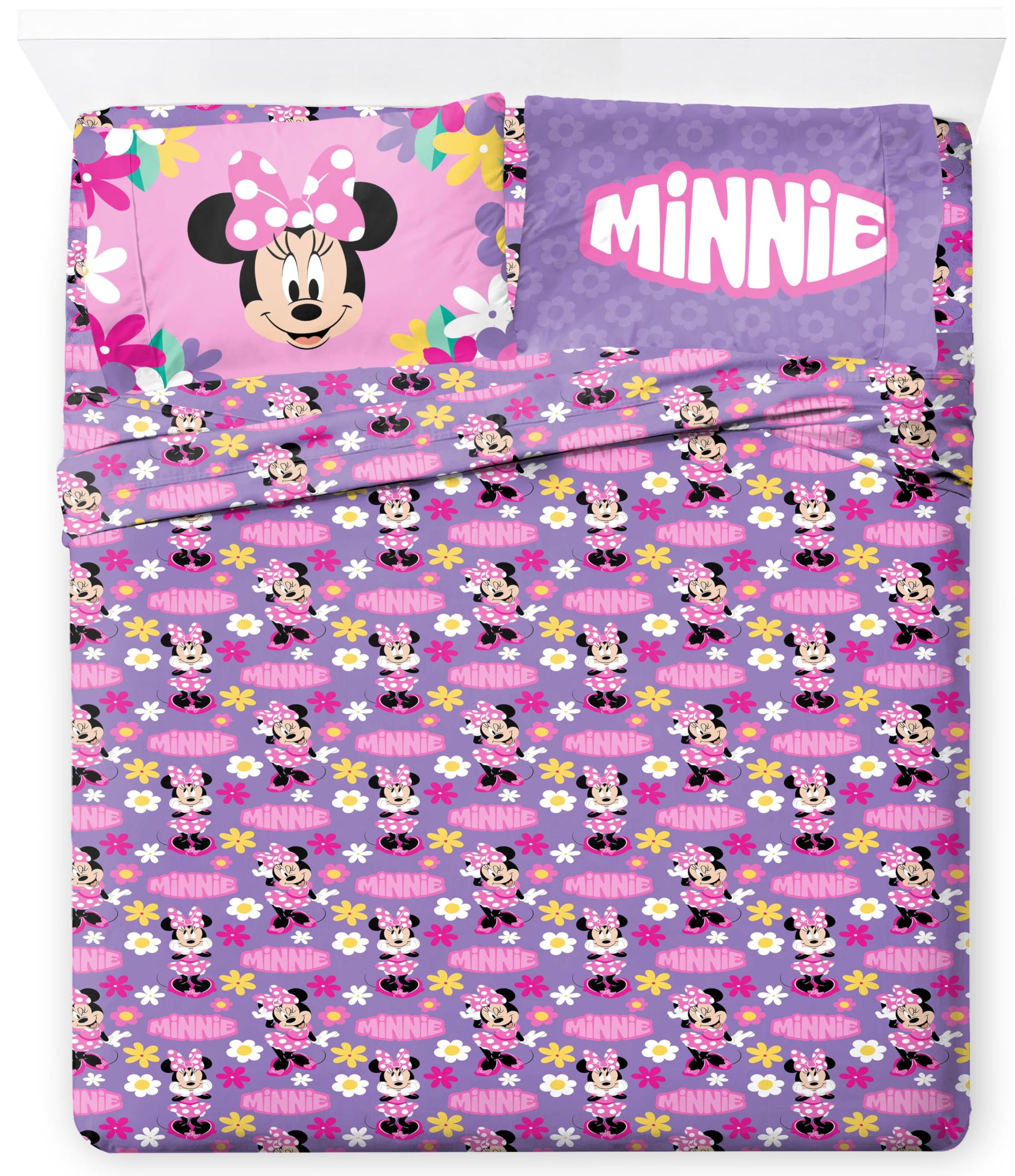 Jay Franco Kids Sheet Set with Fitted, Flat Sheets & Pillow Cover - Ultra-Soft Bedding with Pillowcase for Room Decor, Purple - Minnie Mouse, 4 Piece Full