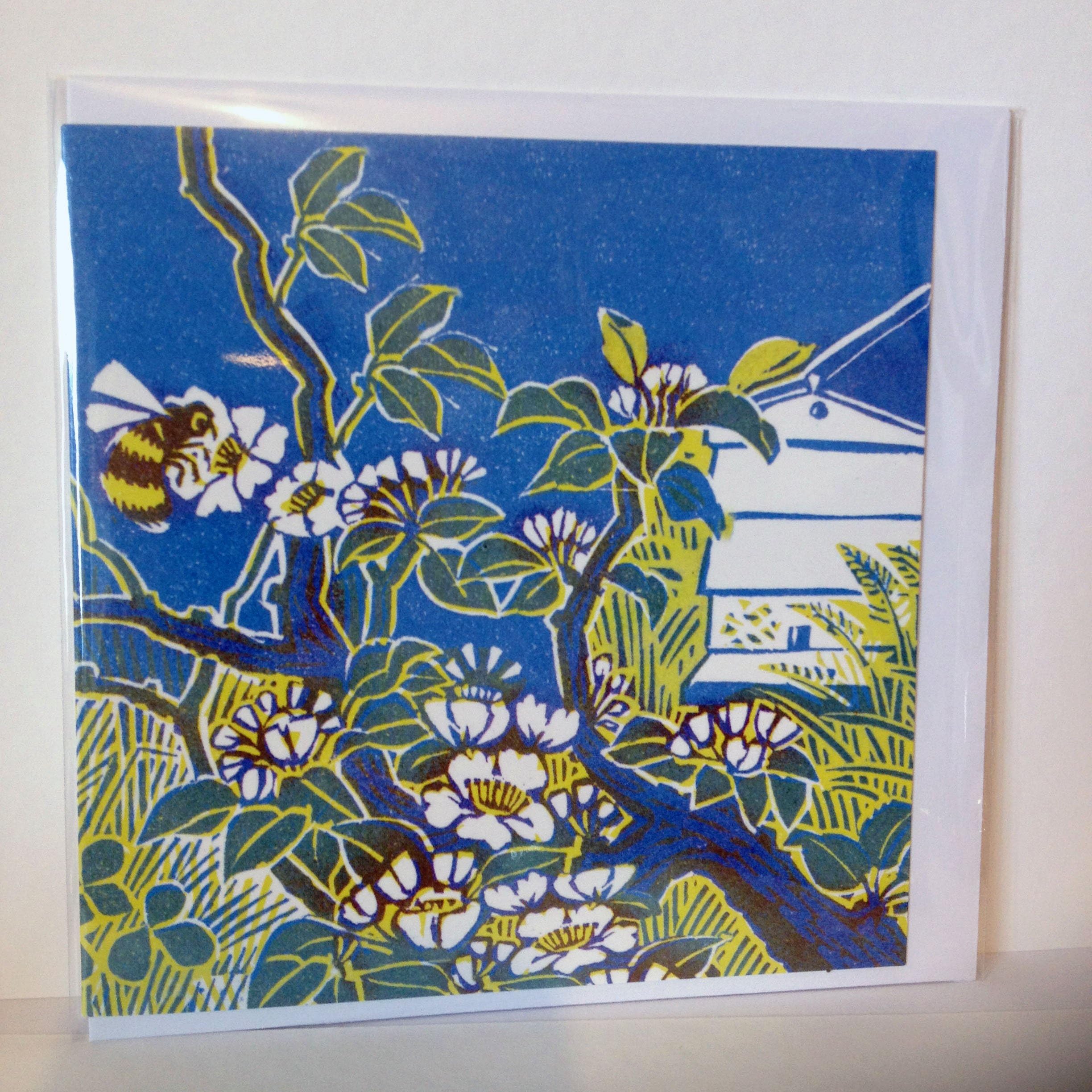 Bee and Blossom by Clare Melinsky Quality Blank Square Greeting Card Tree Honey Hive Flower Floral Nature Wildlife 12.5 cm x 12.5 cm Linocut Print Image Artist Art Matt Card Stock Envelope