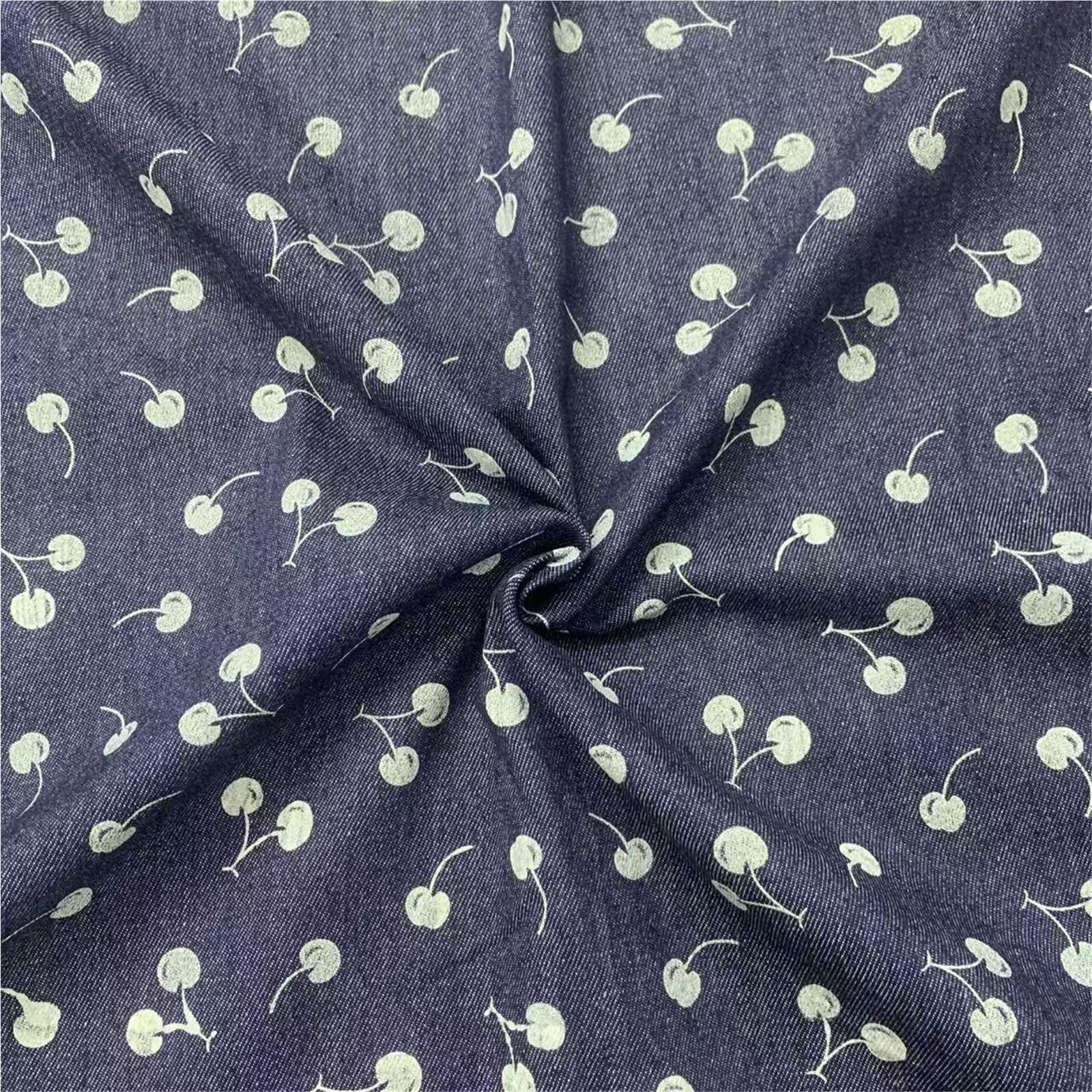 Tessuto denim lavato con stampa ciliegia addensato for cucito fai da te - Adatto for abiti, borse, pantaloni, materiale versatile(Color-01)