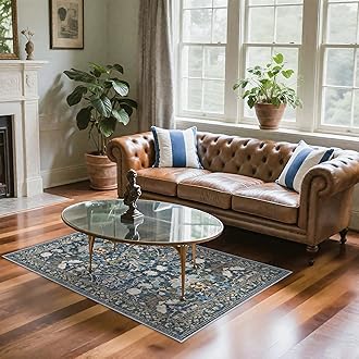 4x6 Living Room Area Rugs: Washable Boho Bedside Rugs Non Slip Low Pile Floral Small Carpet for Kitchen Bedroom Non-Shedding Floor Mat for Kids Room Office Dining Room(4x6 Floral/Blue)