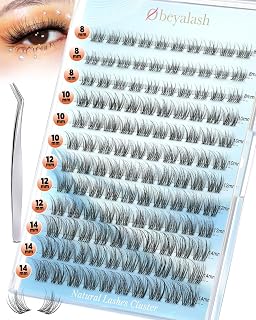 Obeyalash False Eyelashes Cluster Natural C Curl Wispy 8-14 mm Tweezers | Natural Effect and Wispy Eyelash Extension, Transparent Strips, Individual DIY Kit Mixed 8 mm 10 mm 12 mm 14 mm