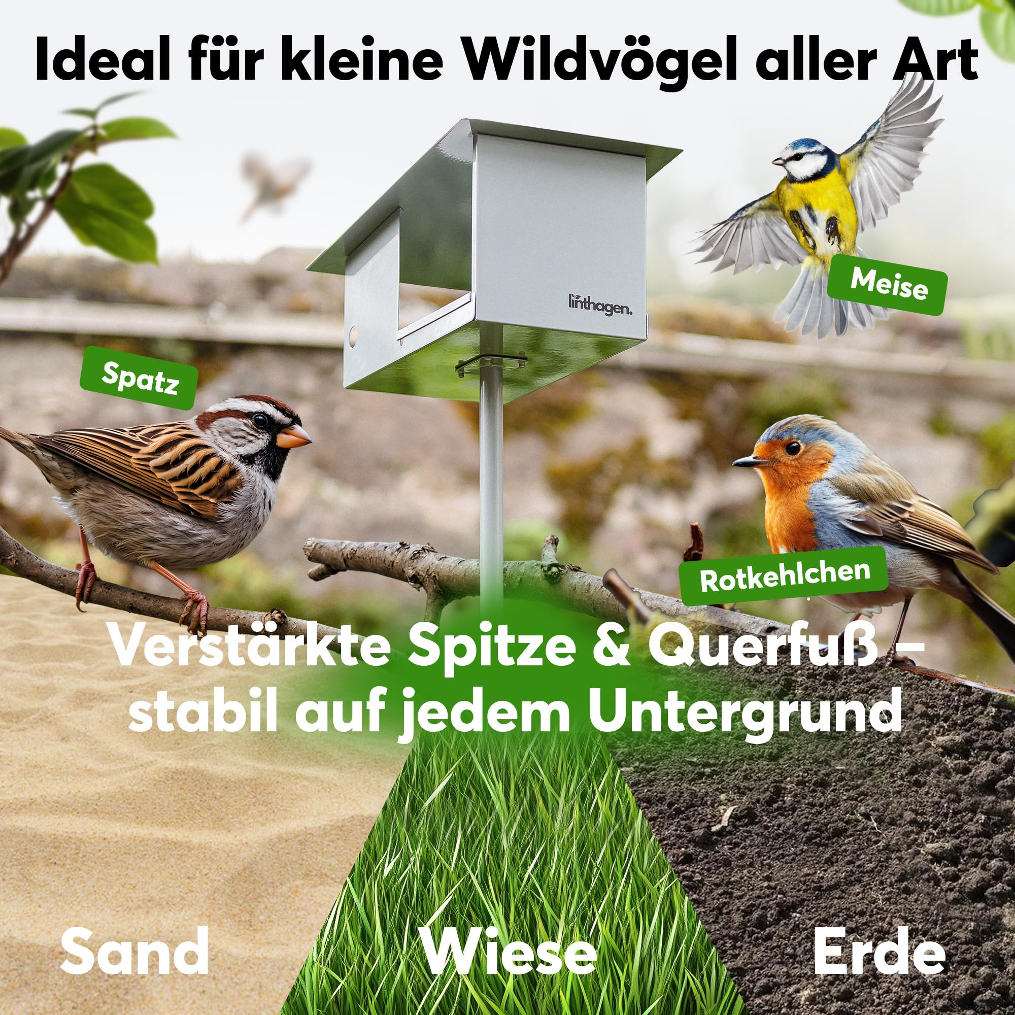Vogelhaus mit Ständer [wetterfest] - 3-in-1 Futterhaus für Vögel - großes, Robustes Vogelhäuschen, Vogelvilla, Futterhäuschen stehend | Langlebig, wetterfest & leicht zu reinigen | linthagen
