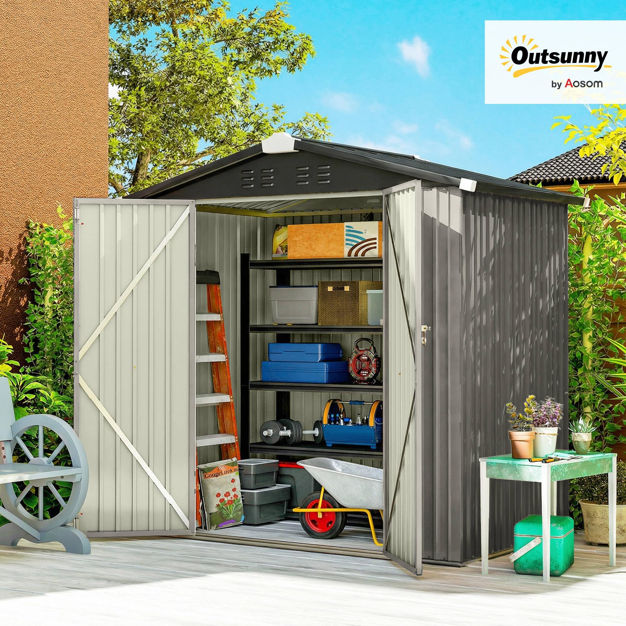 Outsunny 6.5' x 4' Outdoor Storage Shed, Metal Garden Shed with Lockable Double Doors, 4 Vents, Tool Storage House for Outdoor Patio Yard, Light Grey - 2