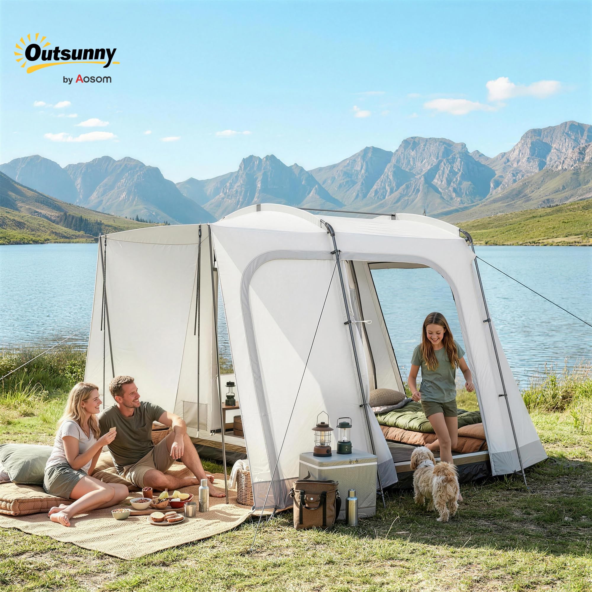 Outsunny Tente arrière pour 2 à 4 personnes - 320 x 280 x 205 cm - Tente de voiture 2 en 1 - Tente tunnel étanche avec 4 portes - Fenêtres - Auvent - Bâche de sol - Sac - Tente de voiture - Tente
