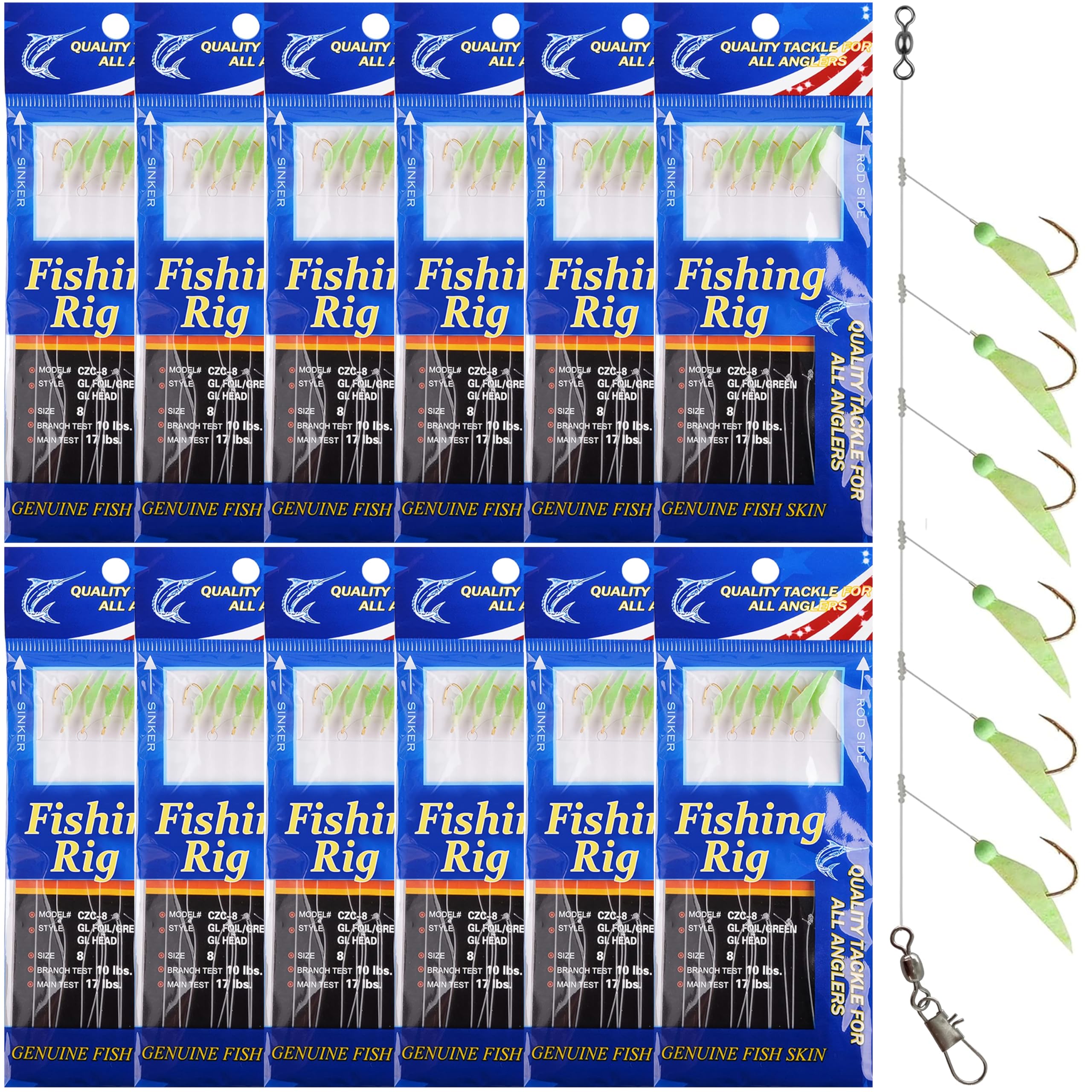 Fishing Bait Rigs Saltwater, 12 Packs Fishing Lure Bait Rigs Set with Fish Skin Glow Beads Sharp Hooks Swivels Surf Fishing Rigs Sea Bass Mackeral Herring Hook Rig