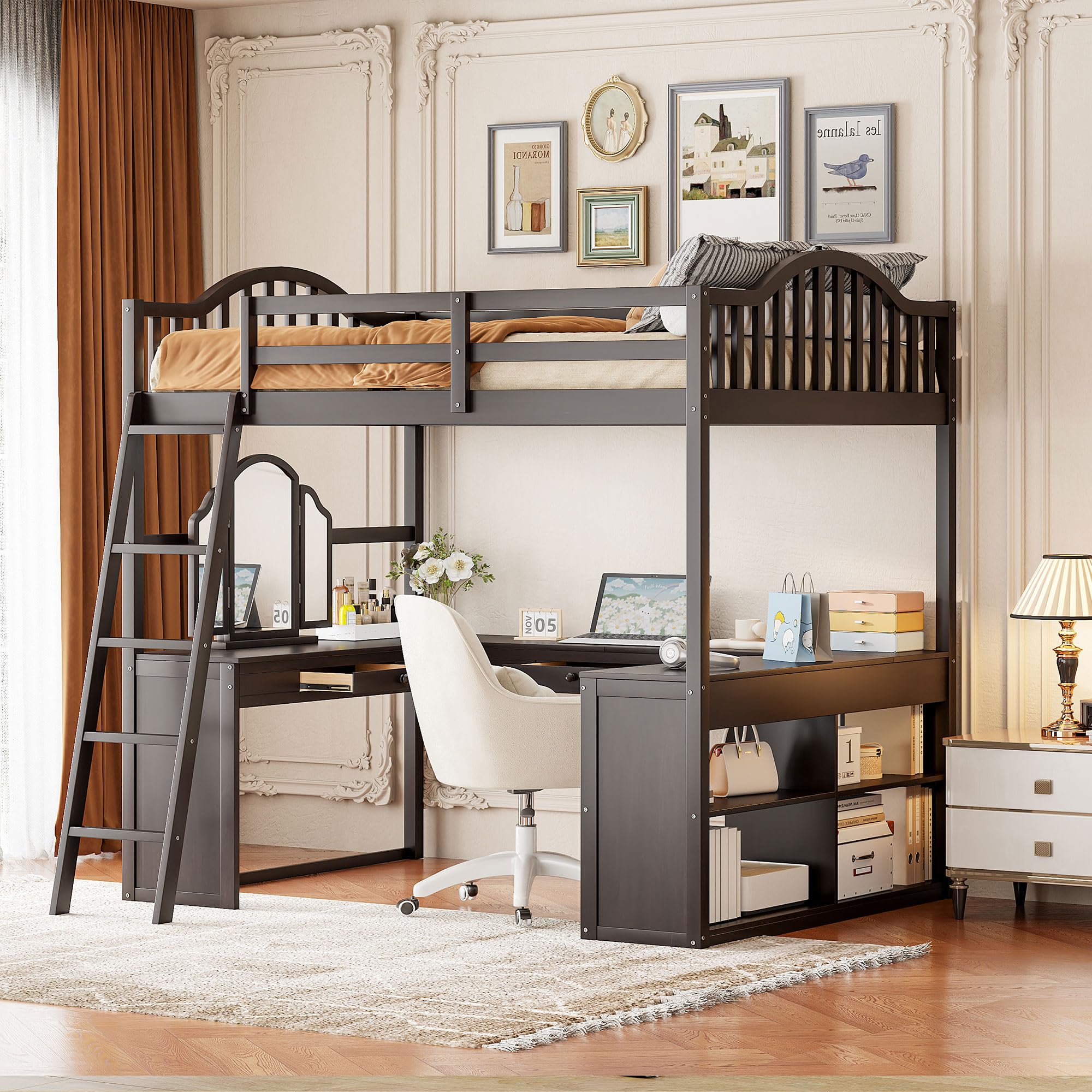 Wood Loft Bed Full Size with U-Shaped Desk and Tri-fold Mirror, Multi-Function Loft Bed Frame with Storage Compartments and Safety Guardrail for Kids Teens Adults (Espresso-10.16)