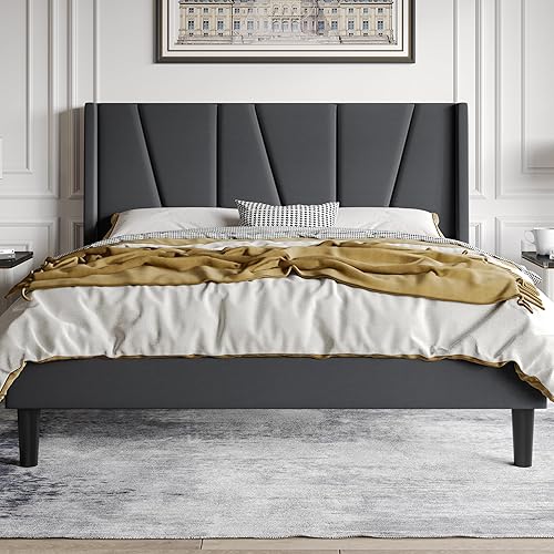HOOMIC Base de cama tapizada de tamaño matrimonial con cabecera geométrica moderna con respaldo de ala, listones de madera, no necesita somier, base