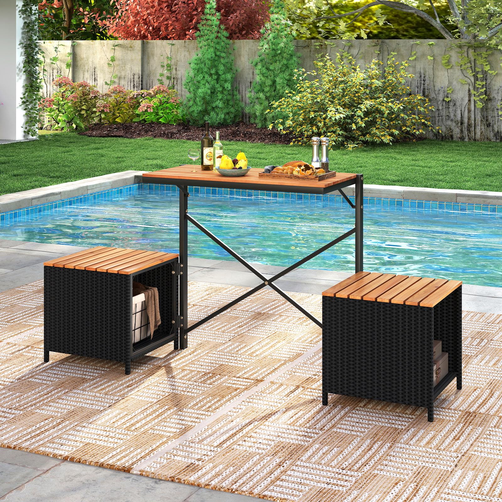 COSTWAY 2 in 1 Gartenbank, wandelbarer Picknicktisch & Sitzbank (Schwarz) | Balkonset, Balkonmöbel Kleiner Balkon, Sitzgruppe, Sitzgarnitur für Garten, Terrasse
