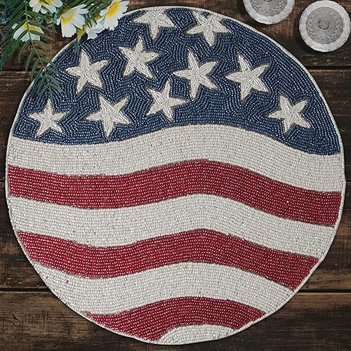 Miniatura 2 de Decozen Manteles individuales patrióticos con cuentas, juego de 8 a 14 pulgadas, 4 de julio, bandera estadounidense, libertad, estrellas,
