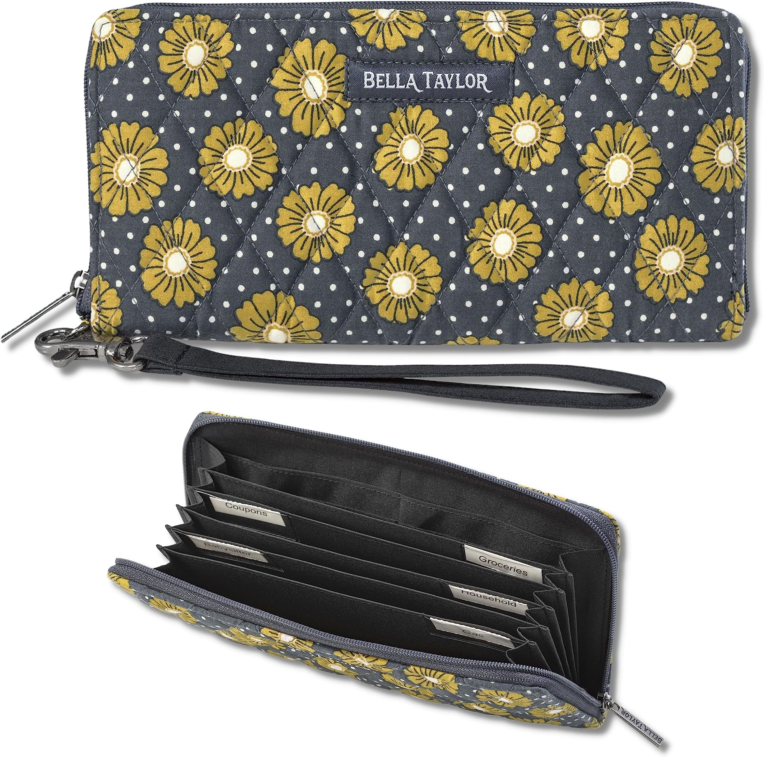 Bella Taylor RFID Wristlet Envelope Wallet for Cash Envelope Budgeting | Small Money Organizer Budget Wallet | Cash Stuffing Wallet | Quilted Cotton Dotted Daisy Charcoal Floral