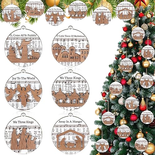 Miniatura 2 de Shellwei Juego de 24 adornos de madera para Navidad 2025, diseño de belén, juego de regalo a granel, partituras de música cristiana, pesebre,