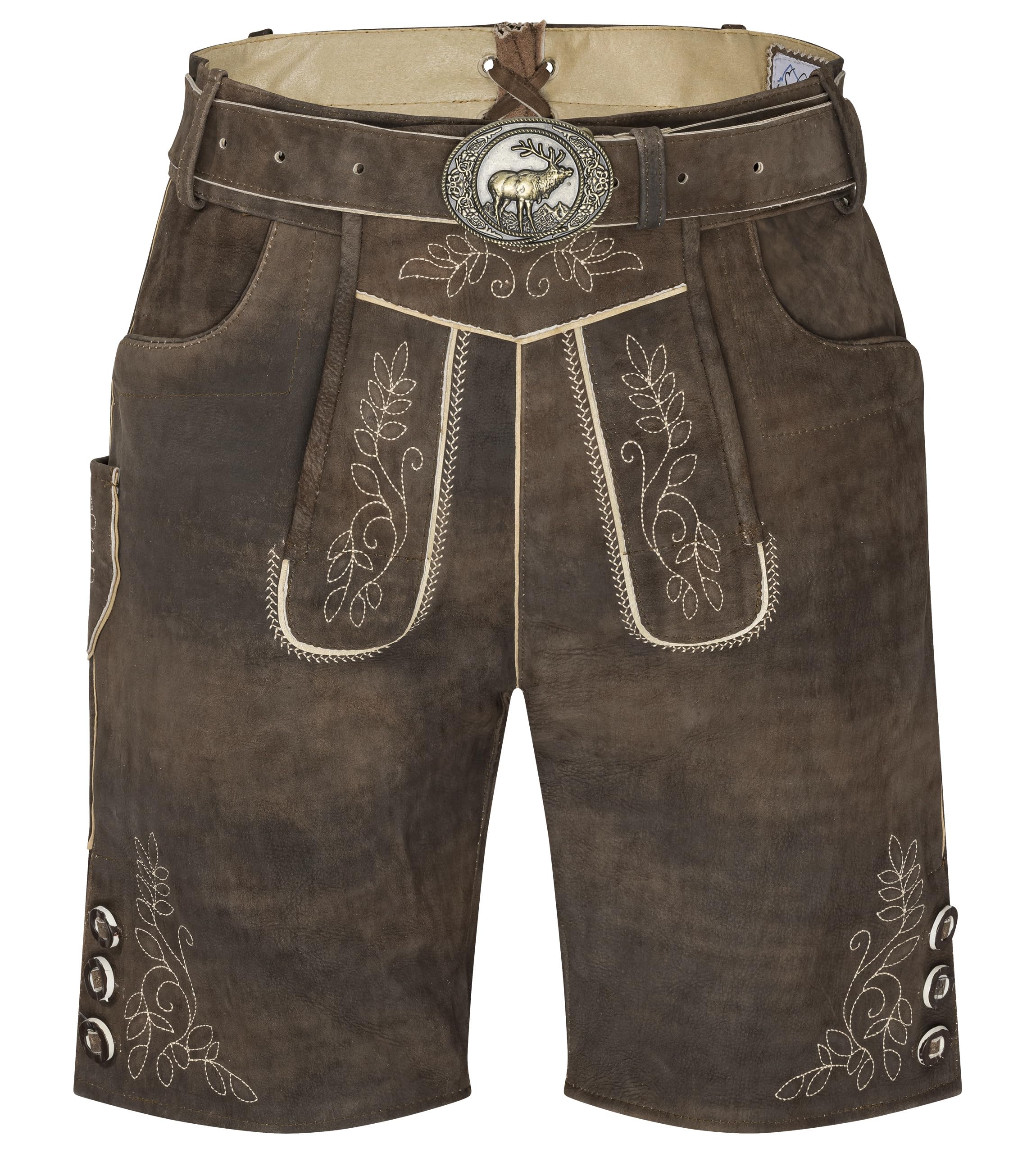 Schöneberger Trachten Couture Męskie spodnie skórzane krótkie z paskiem do stroju ludowego, skórzane spodnie ludowe w stylu ludowym w stylu vintage, na Oktoberfest, skóra nubukowa, Hintersteiner