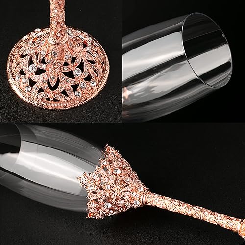 Miniatura 3 de Jozen Gift Copas de champán - Juego de 2 pares de flautas de champán con base de metal de cristal y piedras de cristal, para brindis, aniversarios,