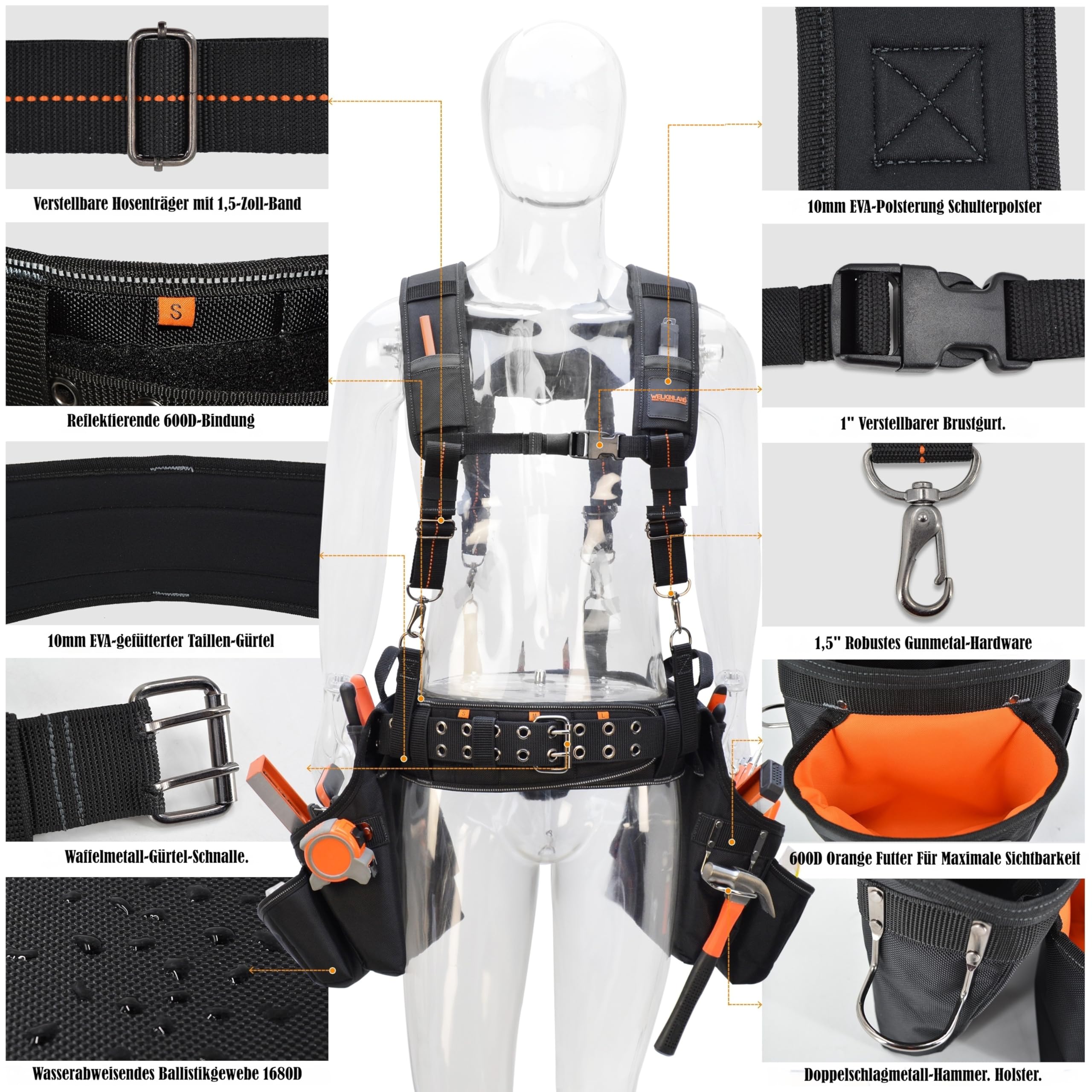 Herren-Werkzeuggürtel mit 39 Taschen und Hosenträgern, 10 cm gepolsterter Werkzeuggürtel, Zimmermannstasche, Schwarz mit Orange, Einheitsgröße