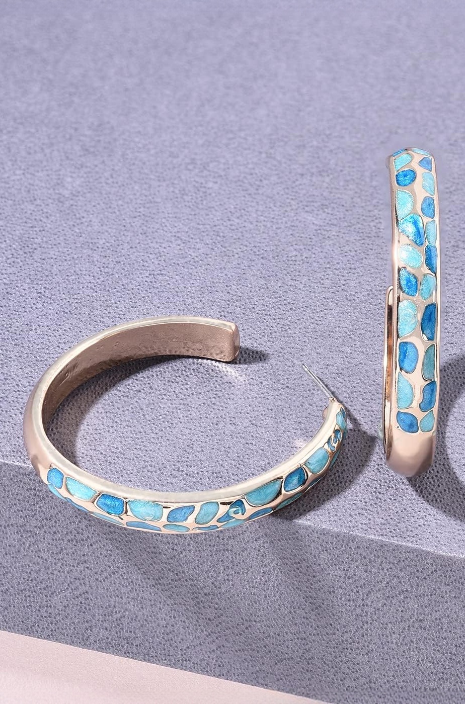 Turquoise Blue Enamelled Contemporary Yellow Gold Semi Hoop Earring For Women-ZPFK14470