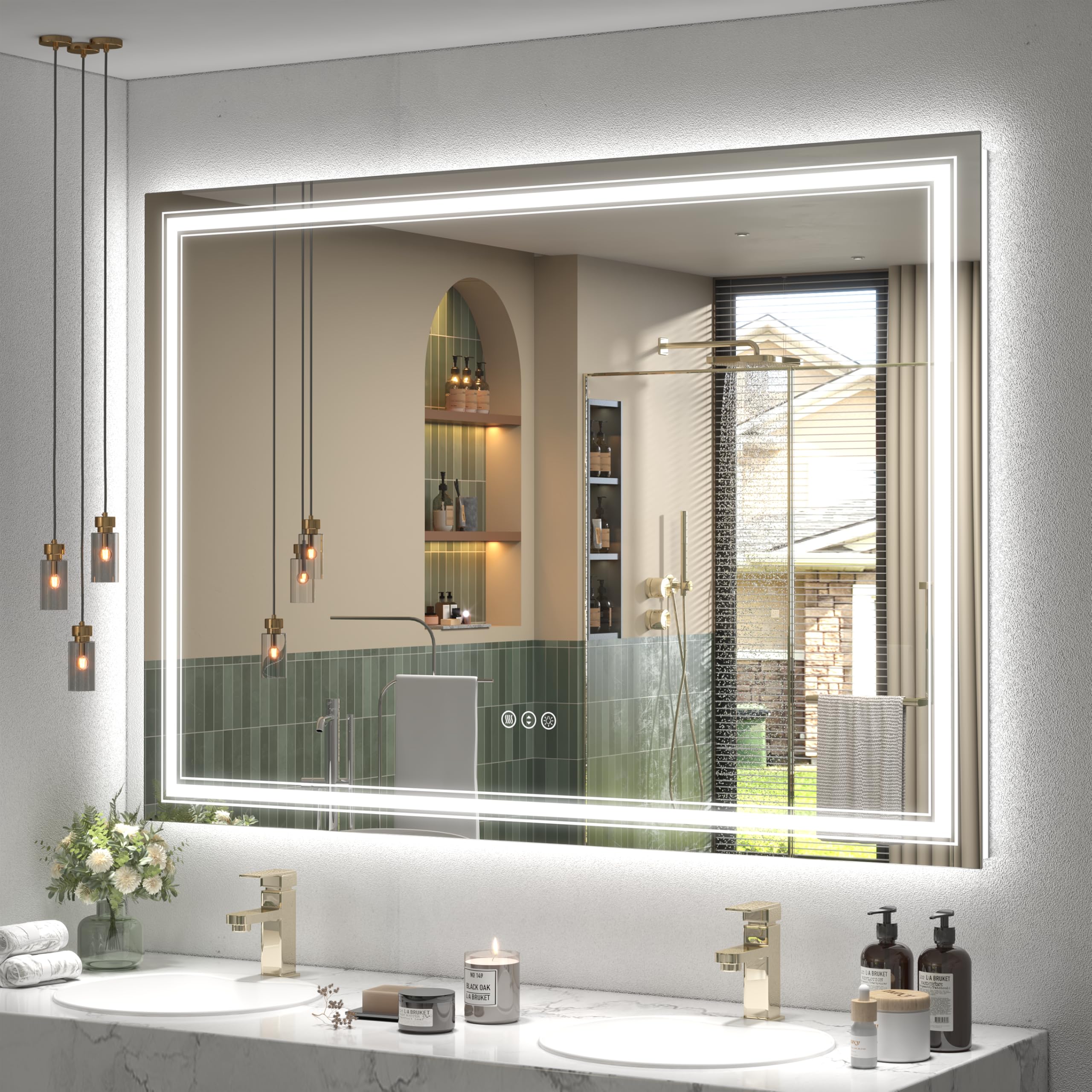 50x40 led bathroom mirror, lighted mirror for bathroom wall, backlit and front lights, dimmable, anti-fog, shatterpoof, memory (horizontal/vertical)