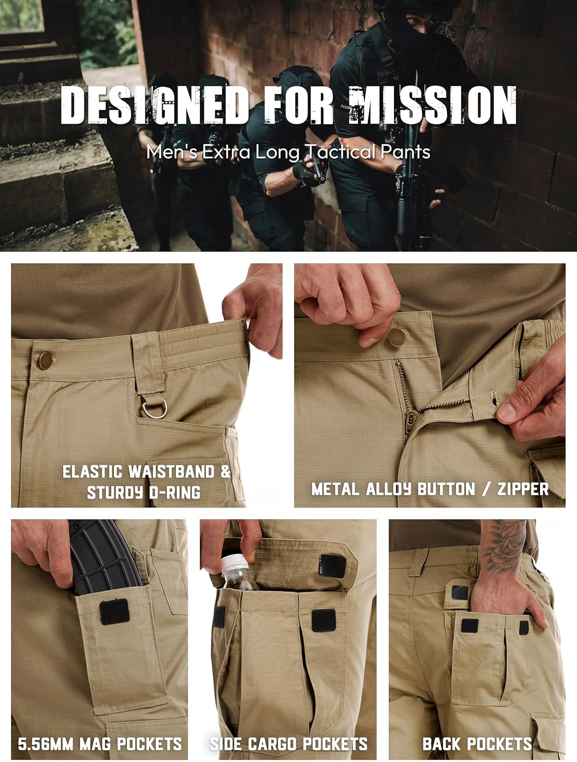 Tall Mens Tactical Cargo Pants Ripstop EDC Work Trousers Lightweight Outdoor Hiking Extra Long Bottoms 8 Pockets