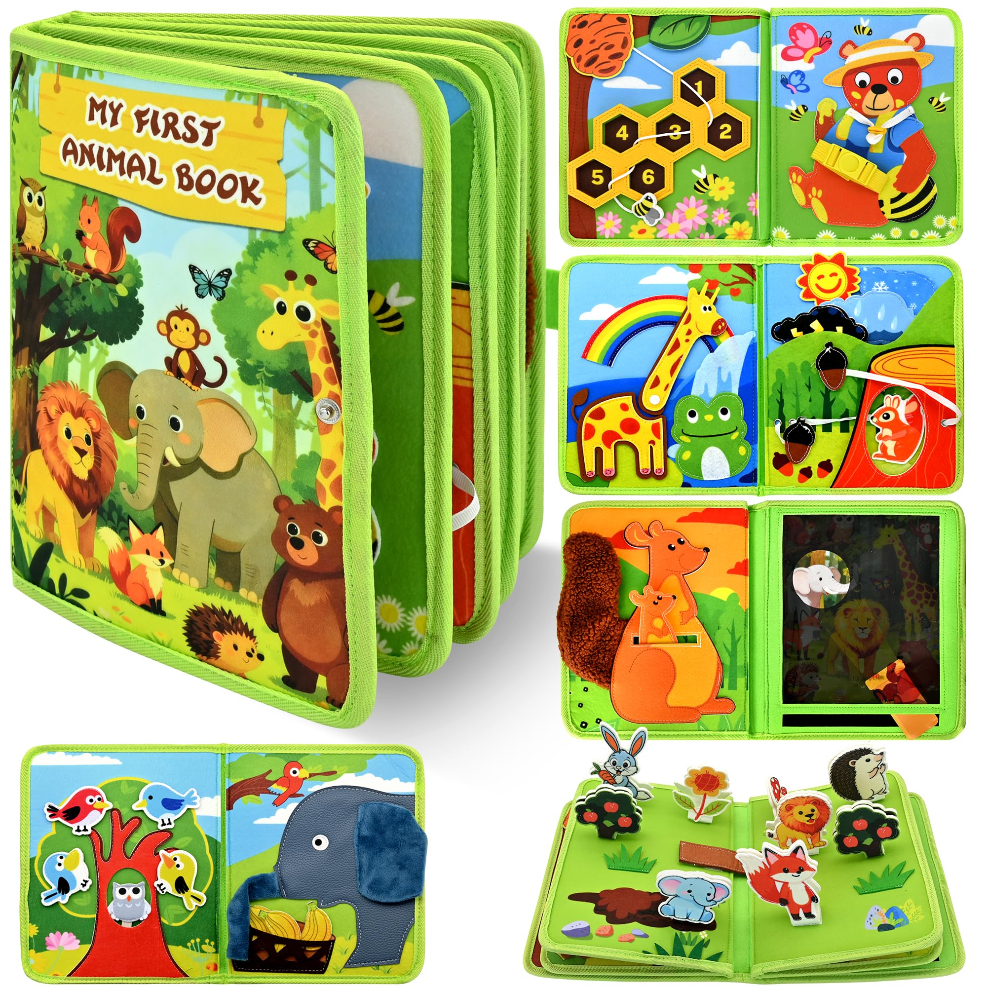 Busy Board Montessori Spielzeug ab 1 2 Jahr, Tiere Filz Busy Book Activity Board für Kleinkinder, Geschenk für Mädchen & Jungen, Reisespielzeug ab 1 Jahr für Auto & Flugzeug Fahrten