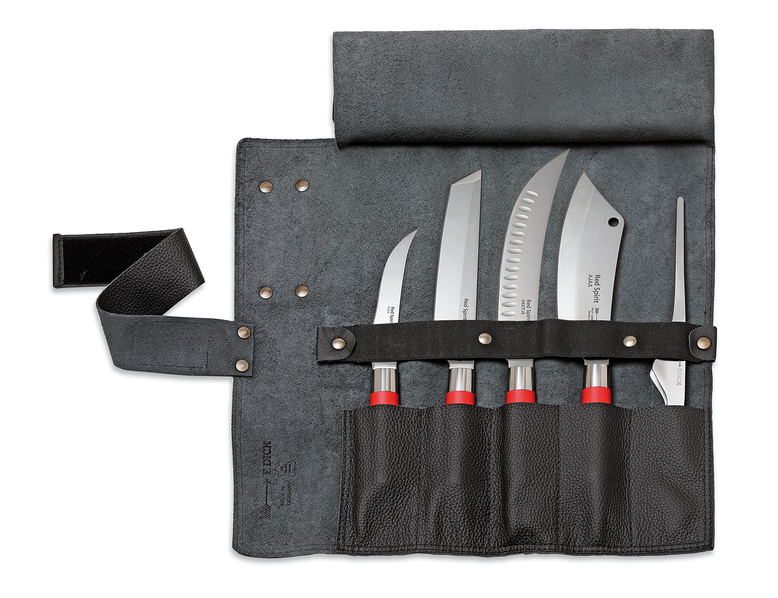 F.DICK Red Spirit Leather Roller Bag (5-Piece, Black, Content: Boning Knife, Tanto, Disassembly Knife, Chef's Knife, Buffet Tweezers) 8176800-01