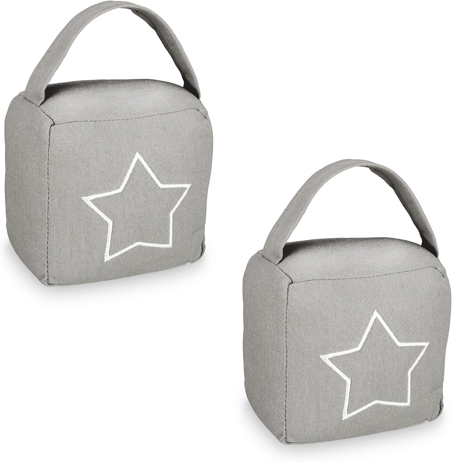 Relaxdays Set of 2 Door Stops with Star Motif, H x W x D: 13 x 13 x 8.5 cm, Free Standing Slam Brake with Handle, Choice of Colours, Grey/White