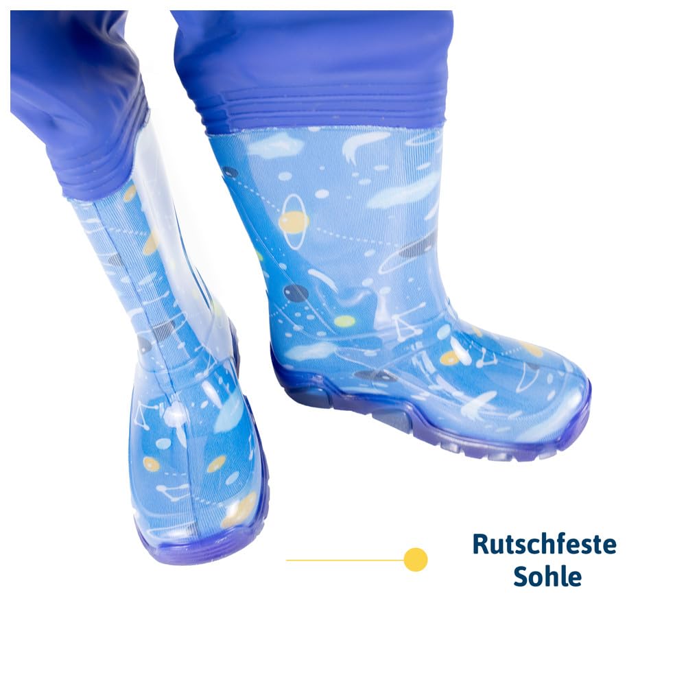 Dönges Kinder-Wathose, Gr. 22-35, wasserdichte Regenhose für Jungs und Mädchen, ungefüttert mit Watstiefeln und Verstellbaren Hosenträgern, Outdoor Buddelhose für Regen, Matschhose, Blau und Rosa