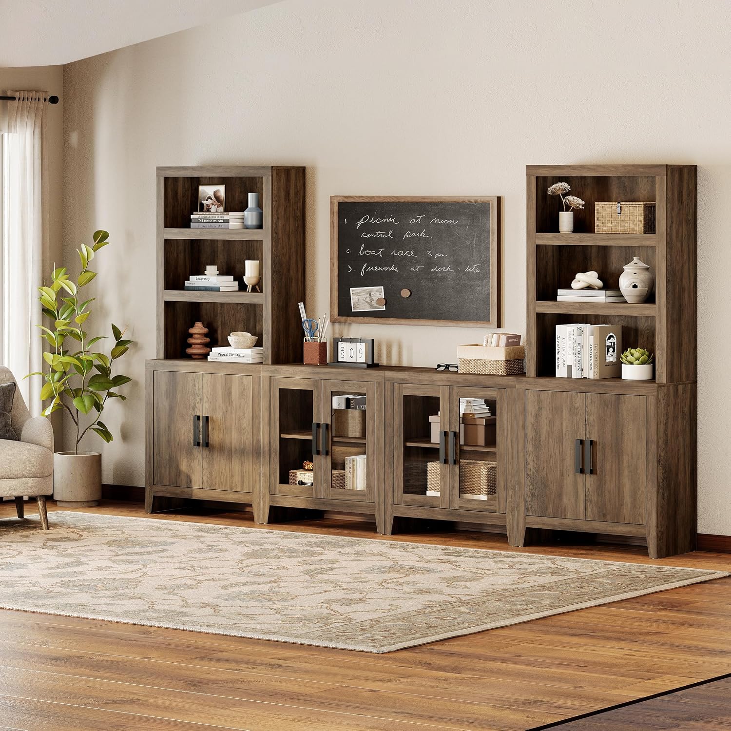 WAMPAT Entertainment Center with Bookshelves, 4-Piece Modular TV Stand with Storage Towers, Farmhouse Media Console with Glass Doors for Living Room, Bedroom, Brown