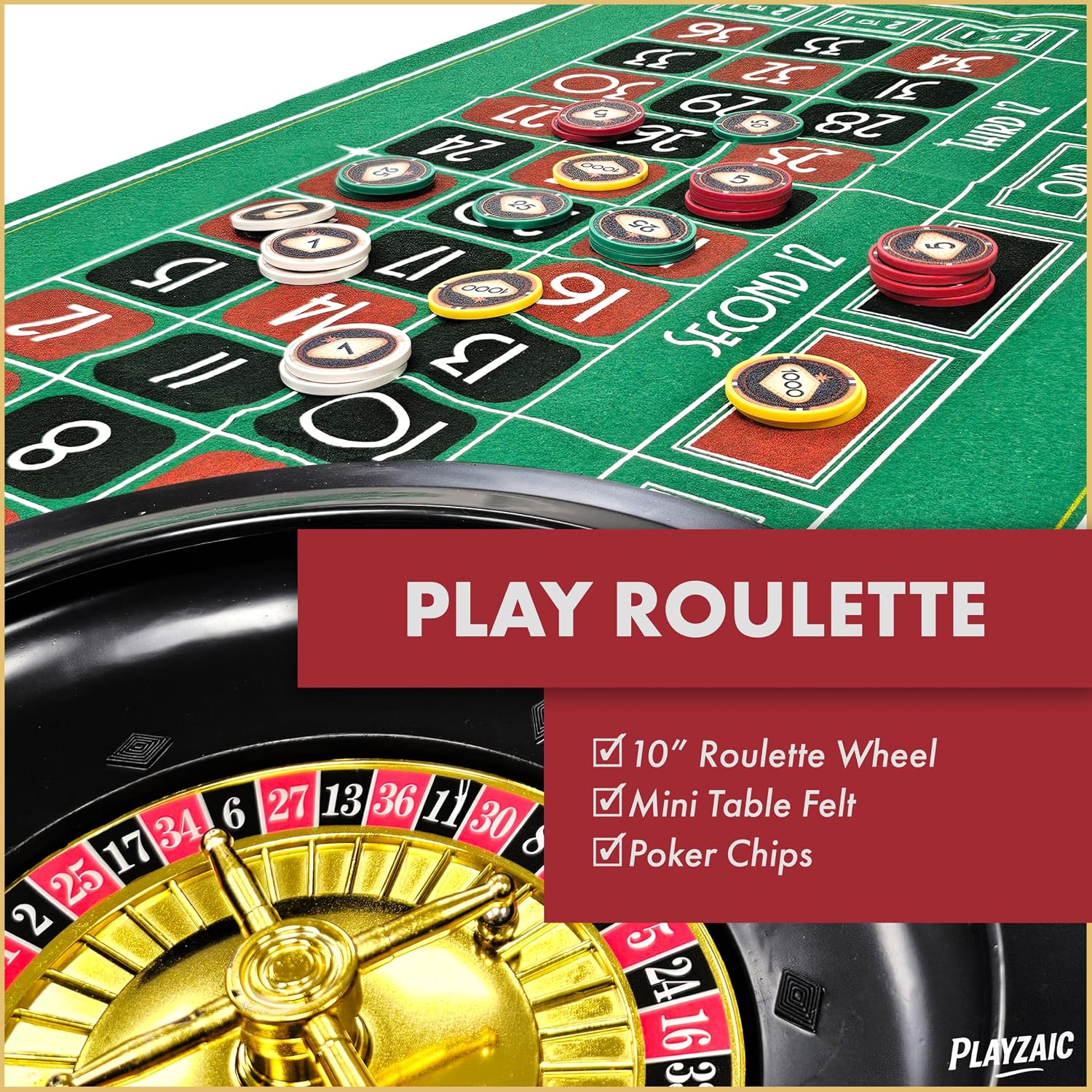 Casino Game Night, 4-in-1 Set, Poker, Craps, Roulette, Blackjack | Two 18x36in Double-Sided Felts | 10in Roulette Wheel | 100 Chips & Tray | 2 Card Decks | Dealer Stick & Buttons