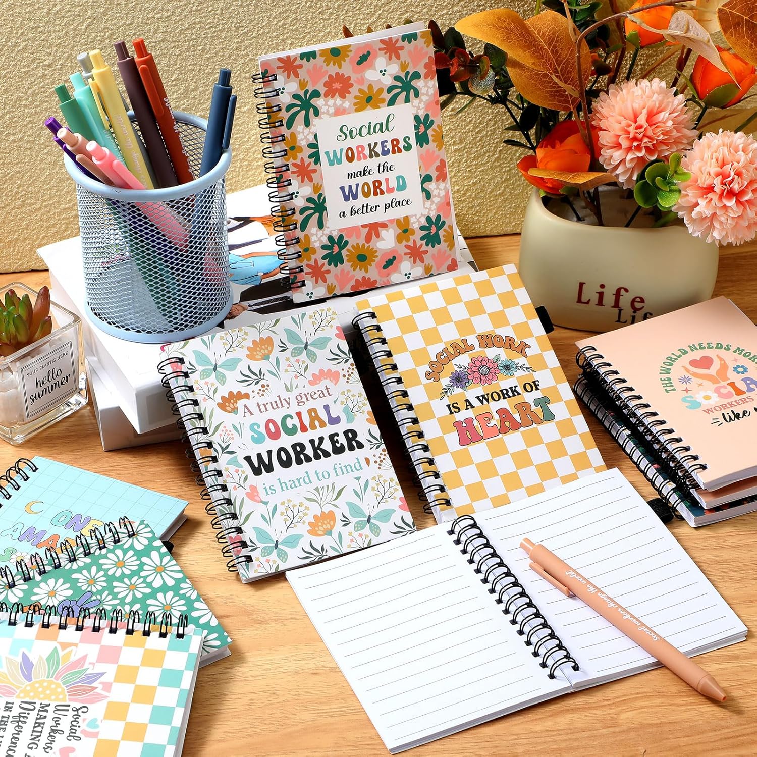 Resurhang 24 Set Social Worker Appreciation Gifts, A6 Inspirational Notebooks Journal with Ballpoint Pens, Employee Appreciation Thank You Gifts for Social Worker Week Coworker Office Supplies